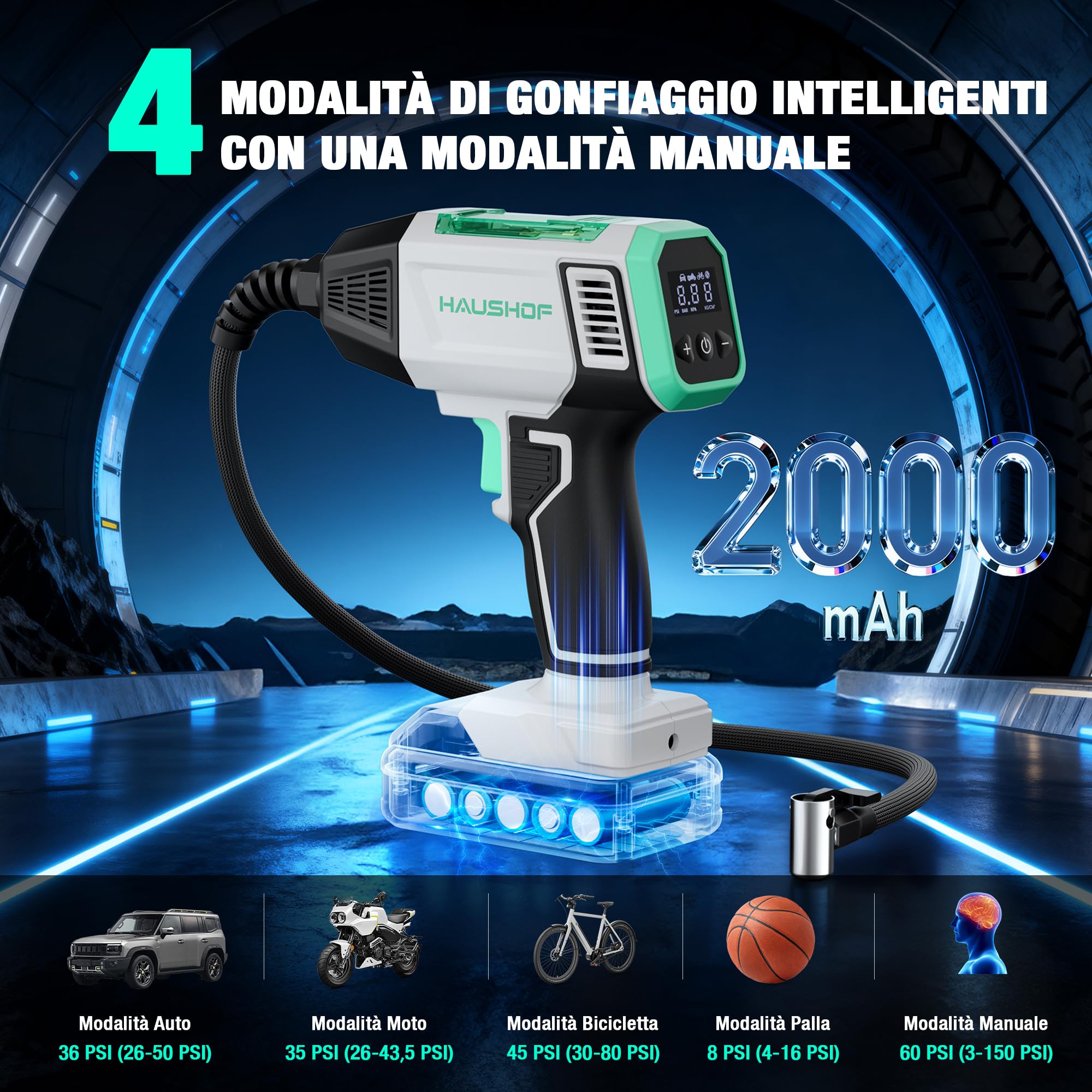 HAUSHOF Compressore Aria Portatile, Mini Compressore a Batteria con 2000 mAh, 4 Modi Intelligenti + Manuale, Display Digitale e Spegnimento Automatico per Pneumatici Auto, Moto, Bici e Palloni