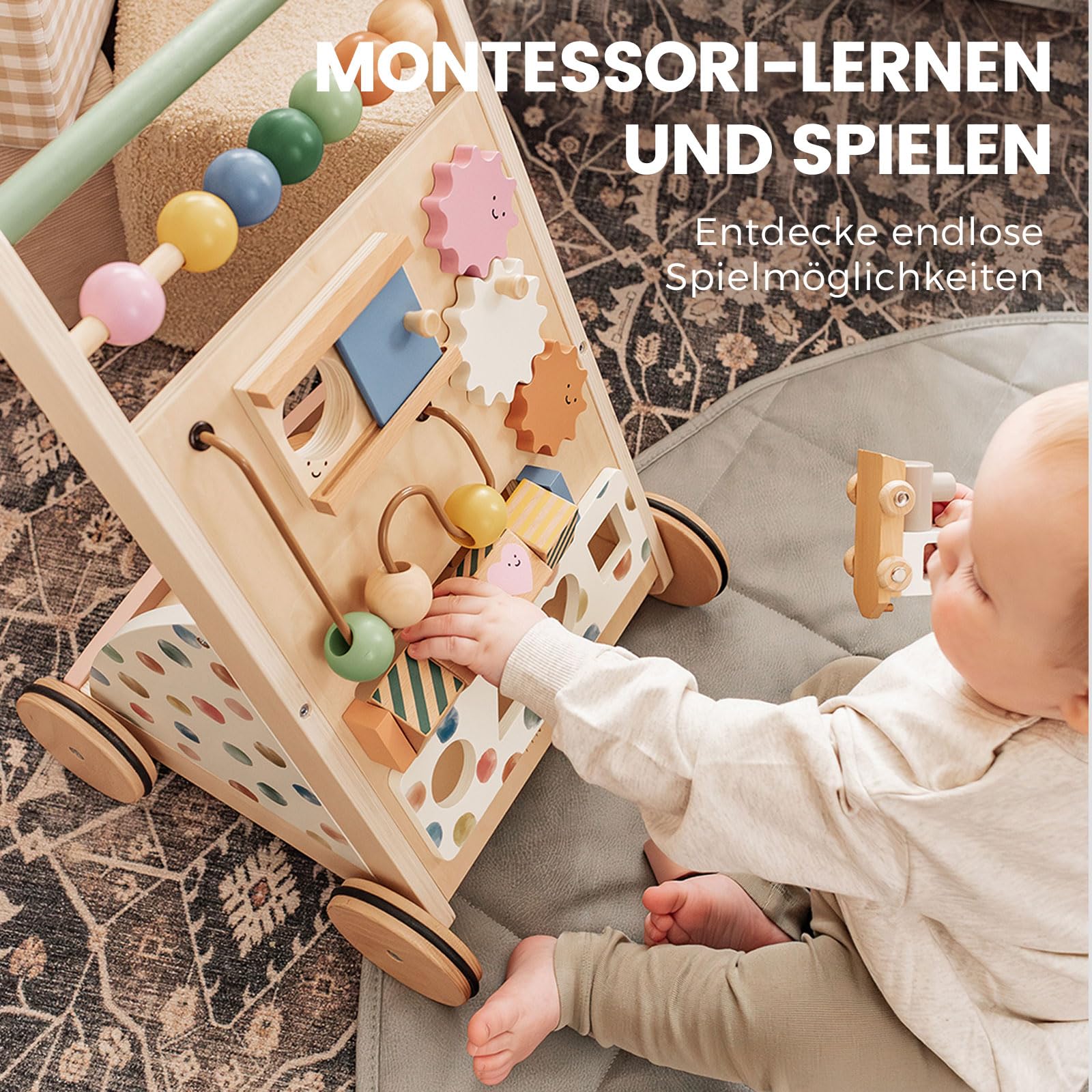 Tiny Land Lauflernwagen Holz Baby Walker - Lauflernhilfe ab 1 Jahr | Laufwagen mit Bremse & Einstellbarer Geschwindigkeit für Jungen & Mädchen, Gehhilfe und Baby Aktivitätscenter