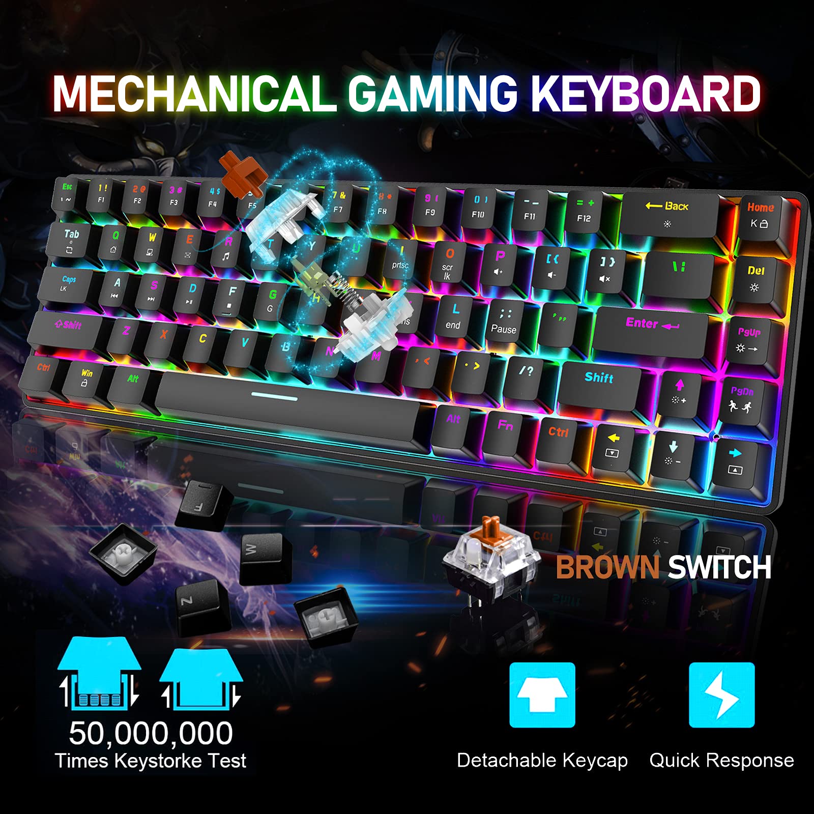 T8 Teclado mecánico actualizado 60% para juegos compacto tipo C con cable 68 teclas LED retroiluminado USB teclado impermeable 18 Chroma RGB Backlight teclas anti-ghosting (interruptor marrón )