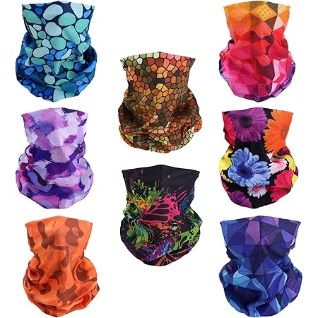 8-Pack Multipurpose Bandanas For Women & Men - Neck Gaiter, Face Mask, Headband, Outdoor Sports