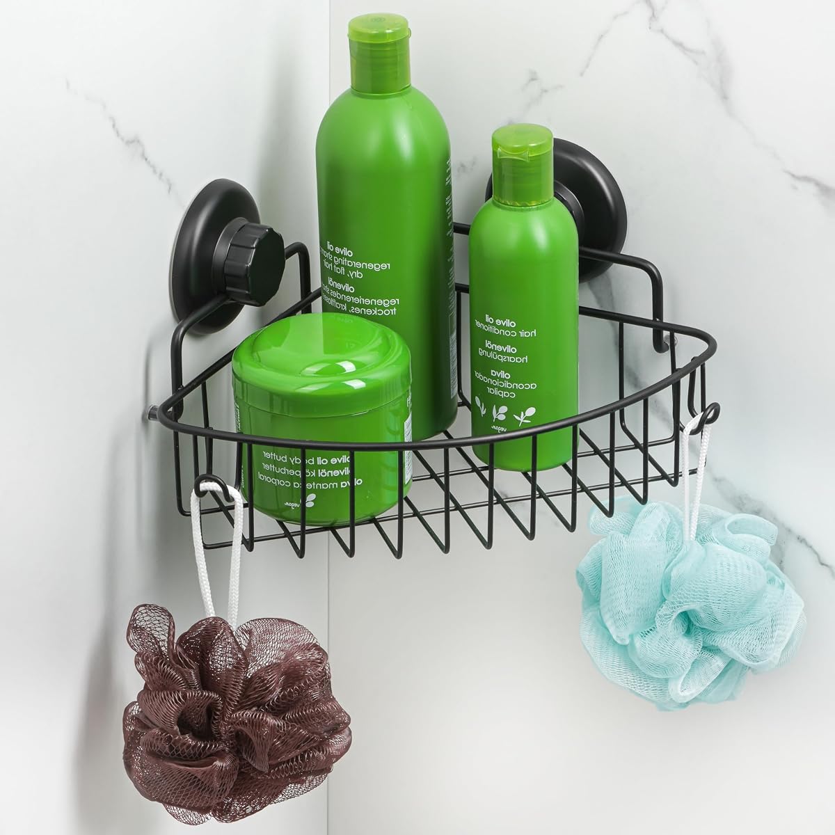 Carrito de ducha de esquina con ventosa, estante de ducha con ganchos, carrito de baño de acero inoxidable, cesta de ducha montada en la pared para baño, discos adhesivos 3M incluidos (negro)