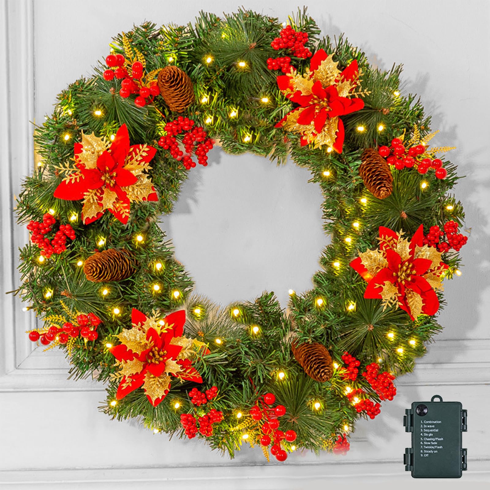 LIODUX Christmas Garland With LED Lights, 60CM Outdoor Decorations for Stairs, Railing, Mantle, Front Door, Porch, Home (Round)