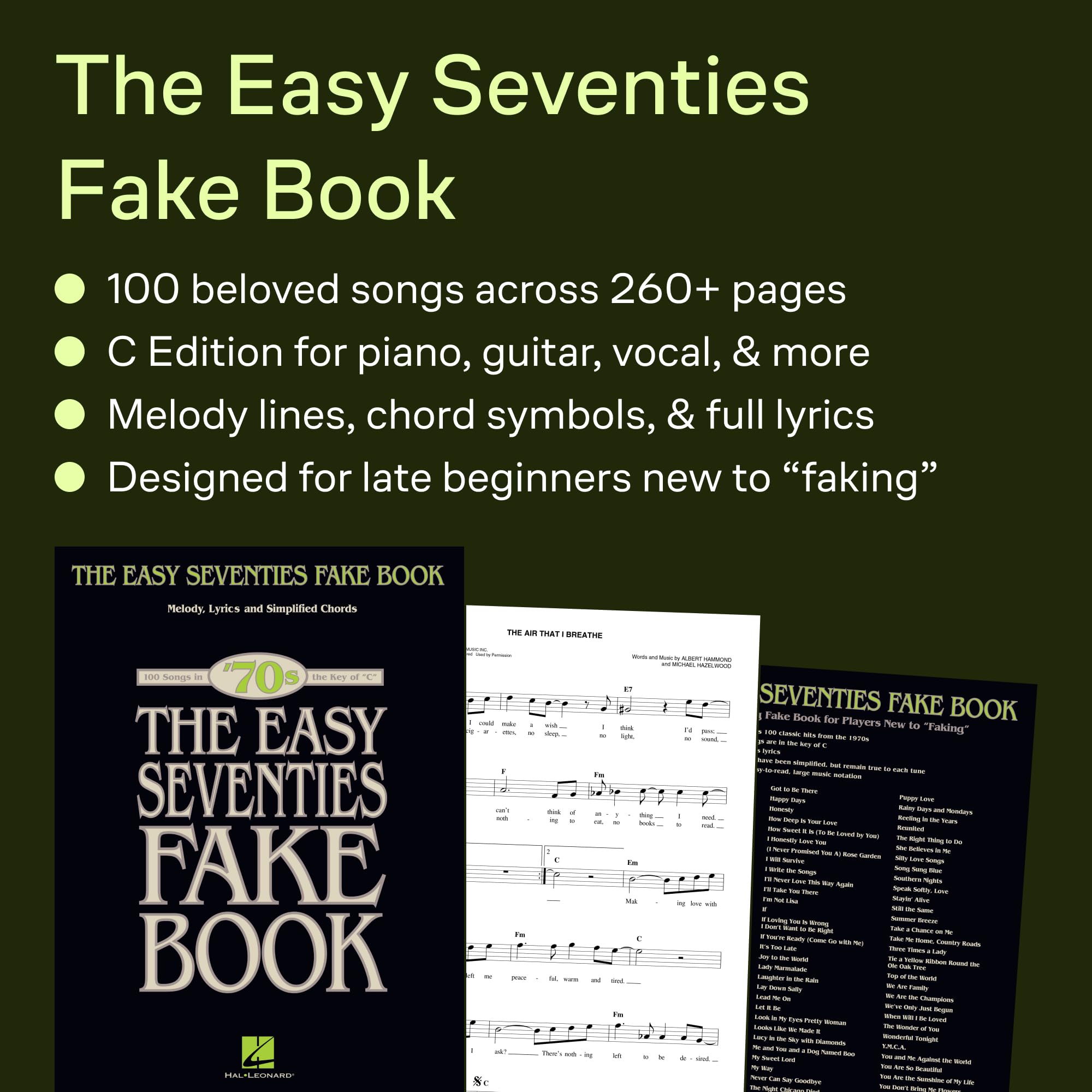 The easy seventies fake book - melodie, paroles et accords: Melody, Lyrics and simplified Chords 100 songs in the key of "C", '70s