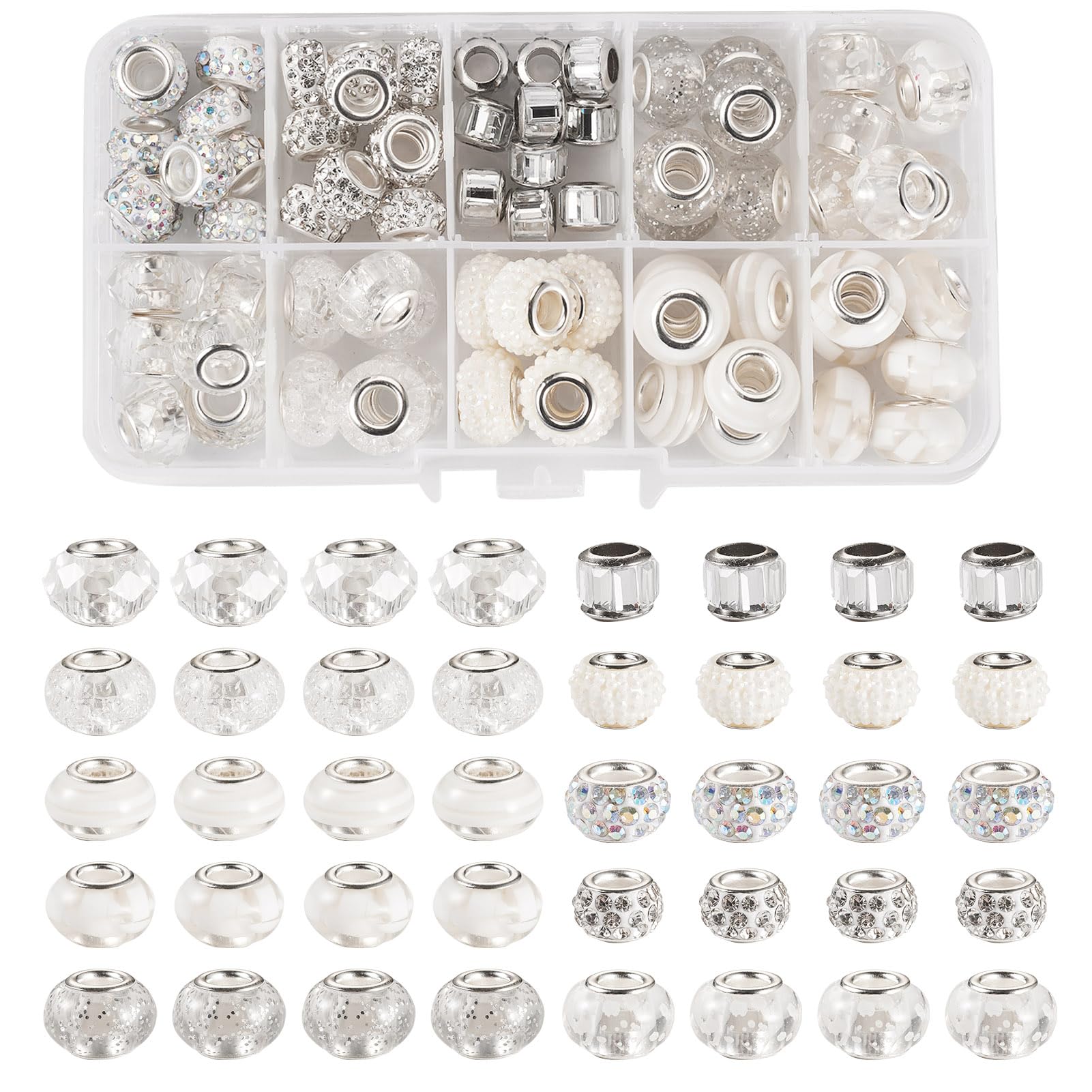 Boutigem 72Pcs 10 Styles White Large Hole European Beads Set Transparent & Opaque Rondelle Loose Spacer Beads Bulk for Bracelet Earring Jewelry Making DIY Crafts