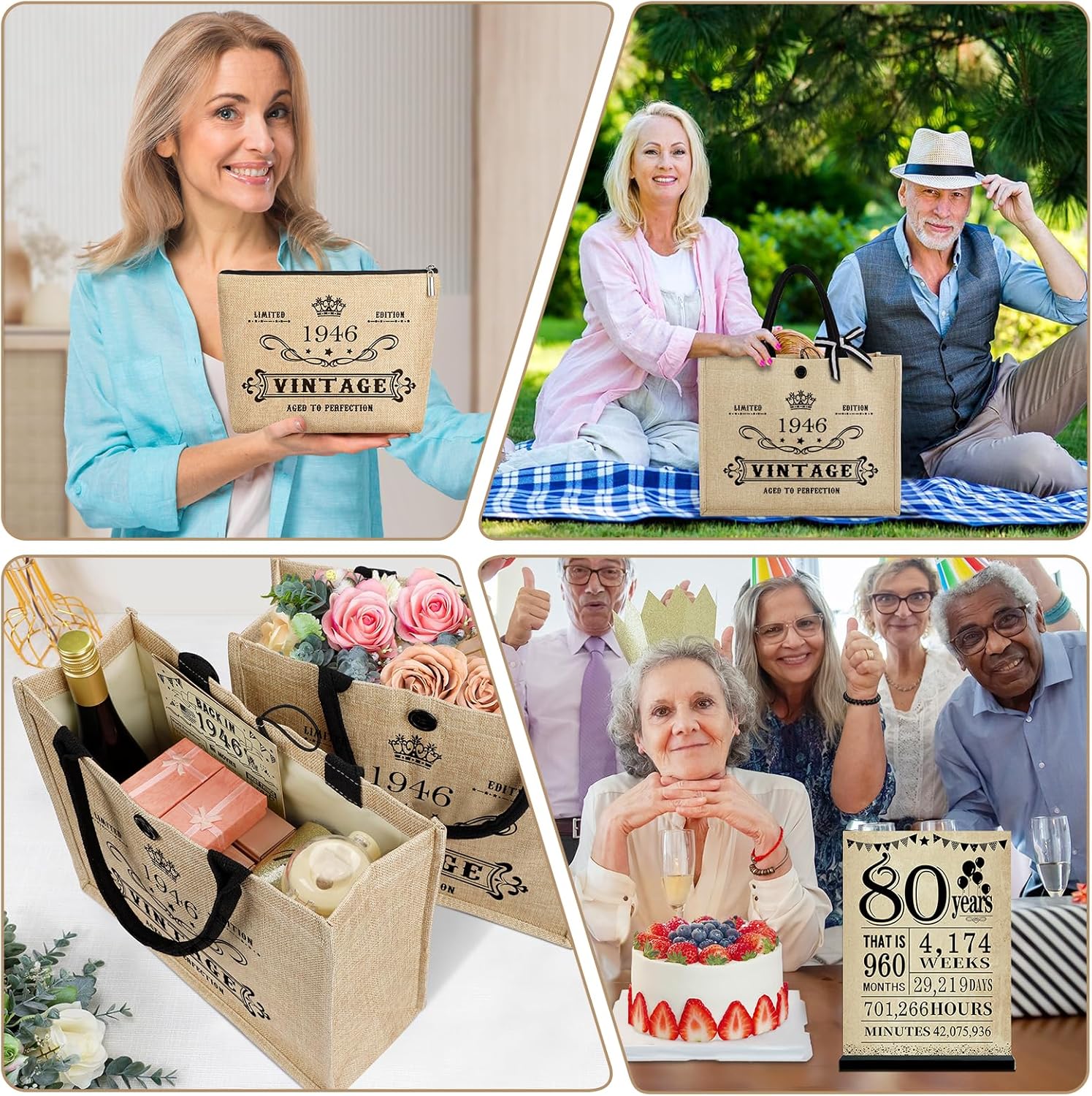 YeohJoy 80th Birthday Gifts for Women Reusable Grocery Bag, Unique 80 Years Old Gifts for Mom Wife Grandma Friends Sister Her, Vintage 1946 Bag & Cosmetic Bag & Back in 1946 Poster - Image 2