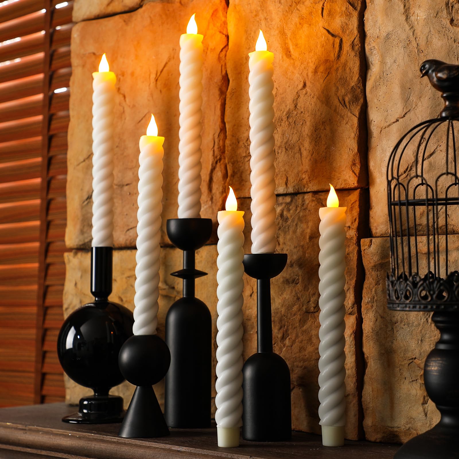Baquler 6 Pcs White Flameless Taper Candle Twisted LED 9.65 Inch