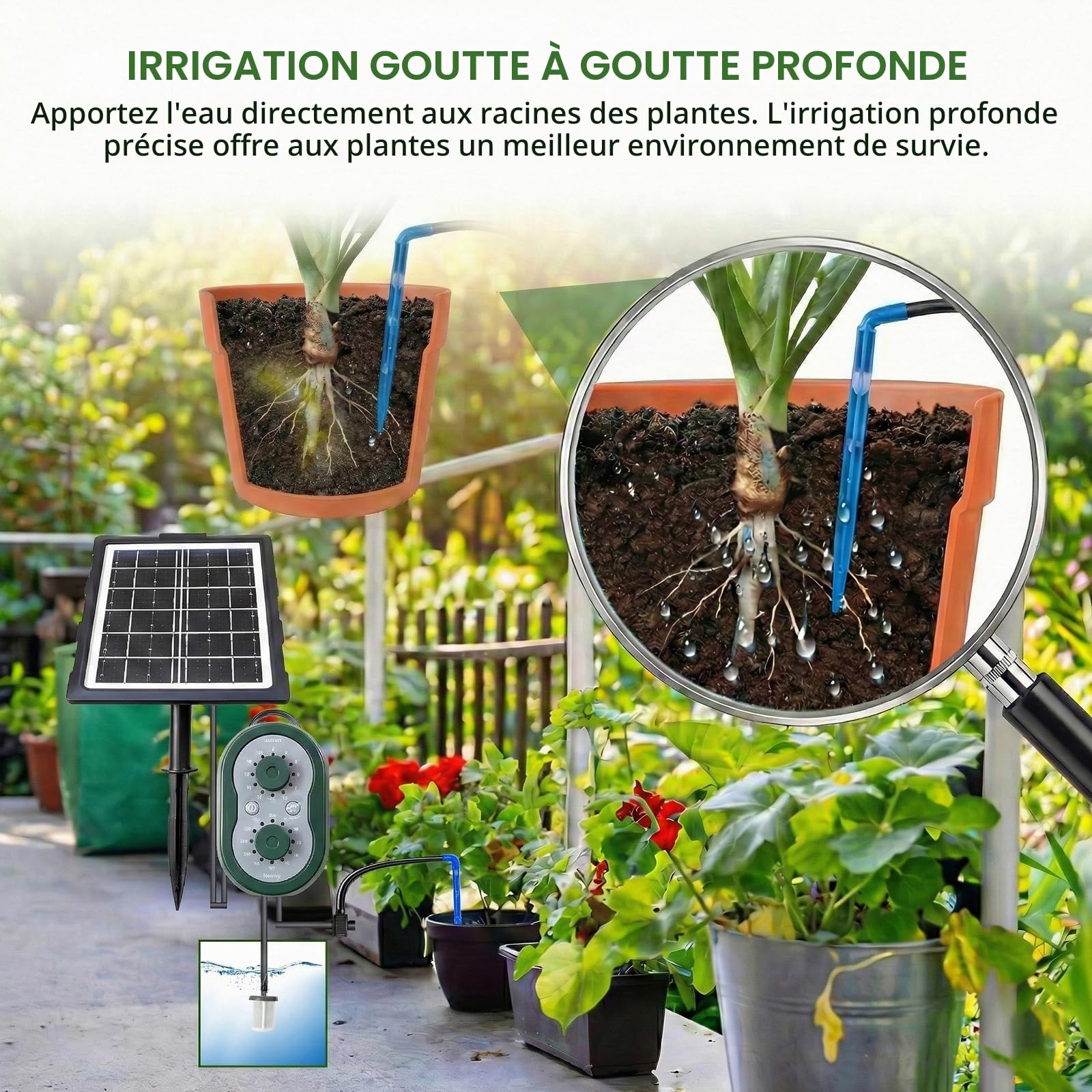 Système d'arrosage solaire automatique recharge USB tuyau 15 m pour jardinières jardin balcon serre