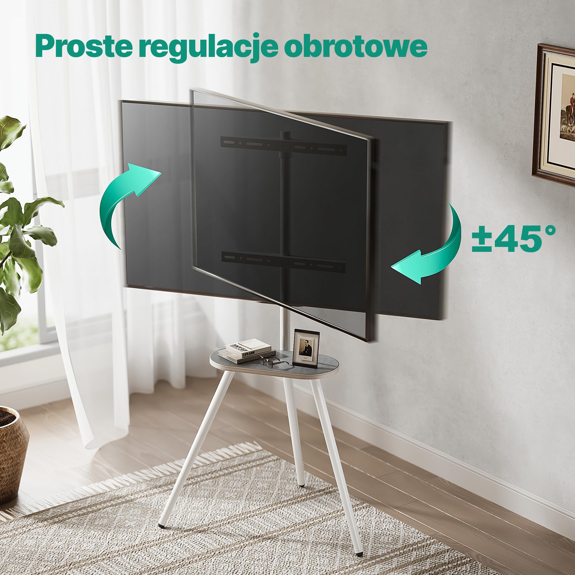 Stojak pod telewizor typu sztaluga (trójnóg), do ekranów 43–65 cali | przenośny, obrotowy i z regulacją wysokości, z drewnianą półką, udźwig do 35 kg; idealny do sypialni i salonu, Biały