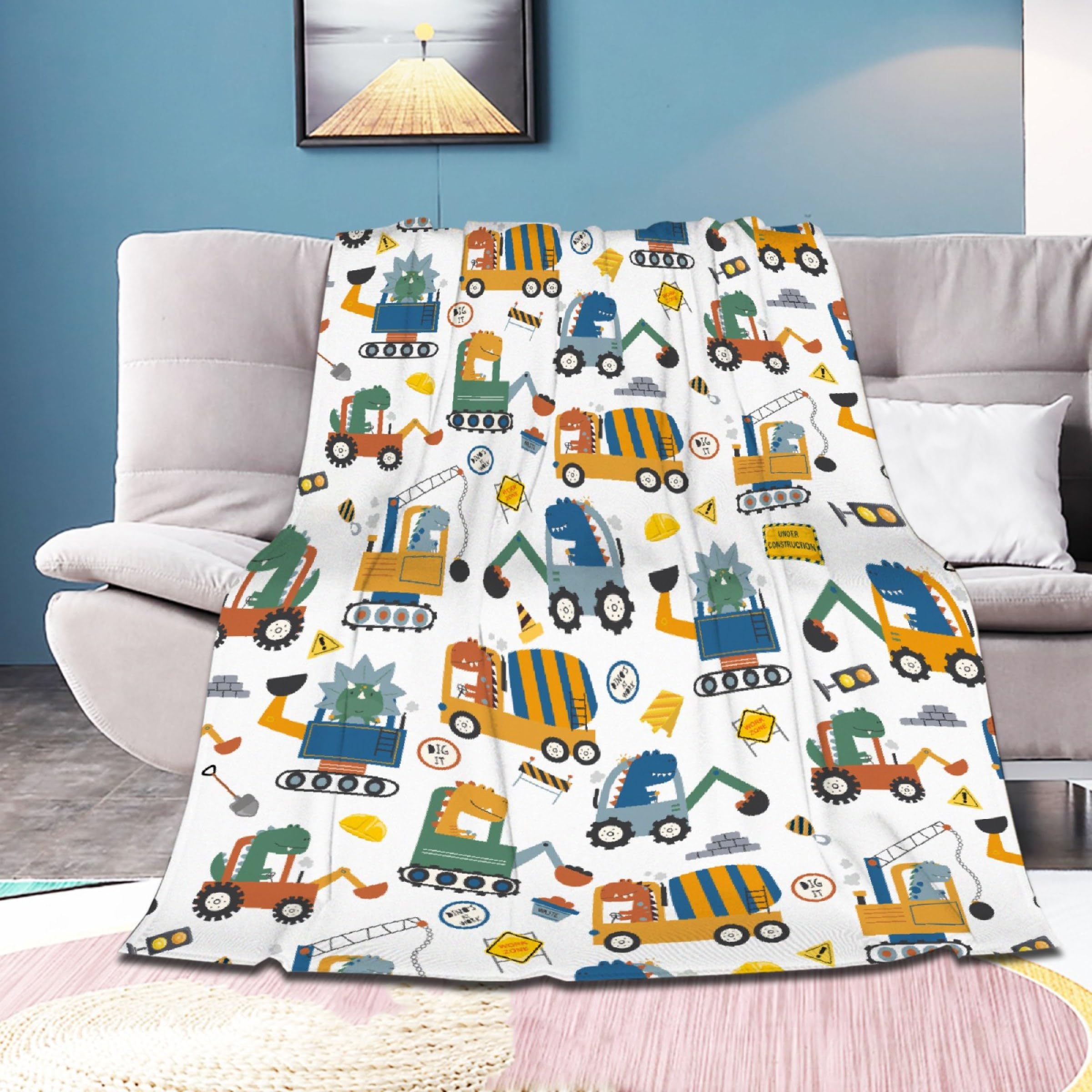 Personalized Dinosaurs Construction Trucks Blanket Gift for Boy Girl