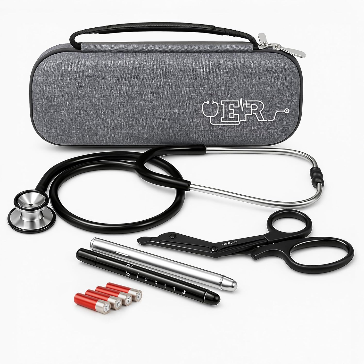 Ever Ready First Aid Stethoscope Case, Grey, with Rubber Grip Handle, Includes a Dual Head Stethescope, Titanium Shears,and 2 Penlights Black & Silver