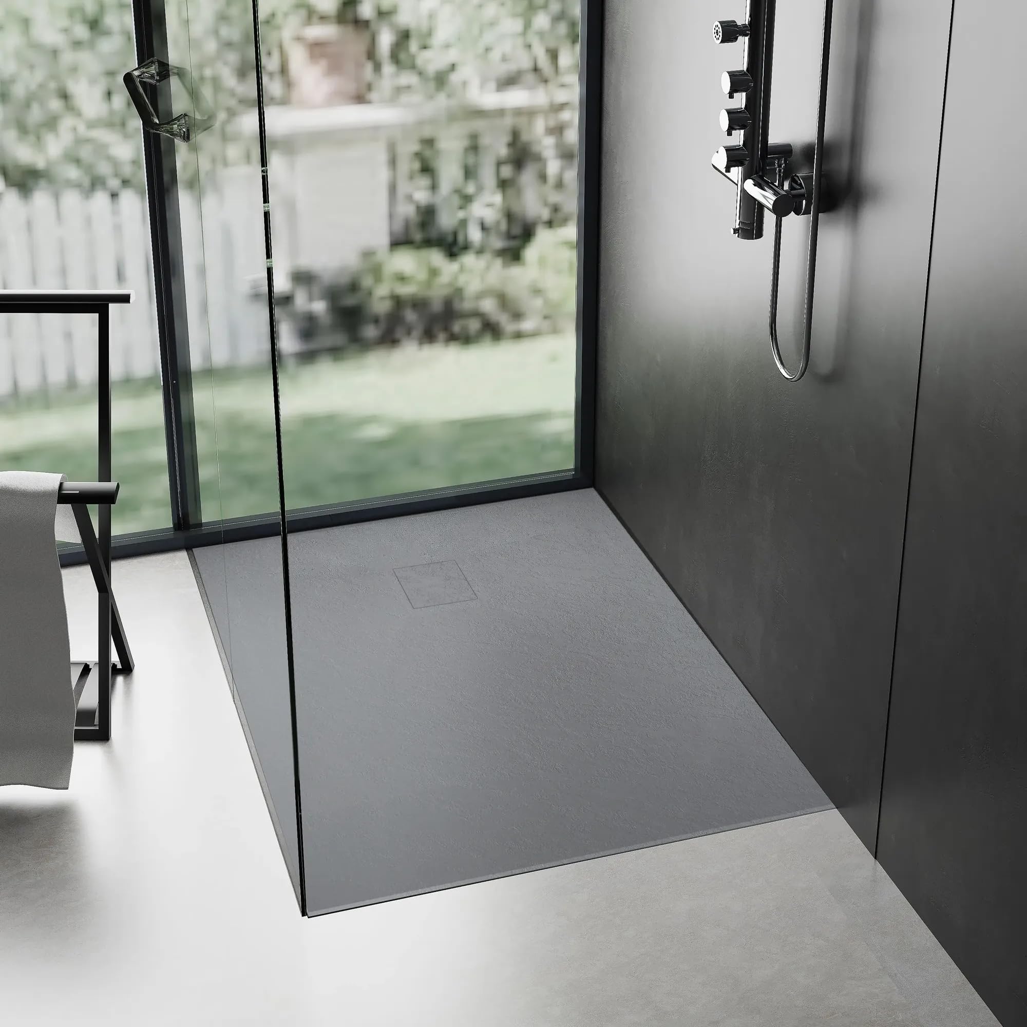 VBChome Plato de ducha, 100 x 80 x 2,5 cm, gris estructura de piedra, plato de ducha extraplano, rectangular, desagüe de desagüe SMC, compuesto SMC, instalación universal, sifón