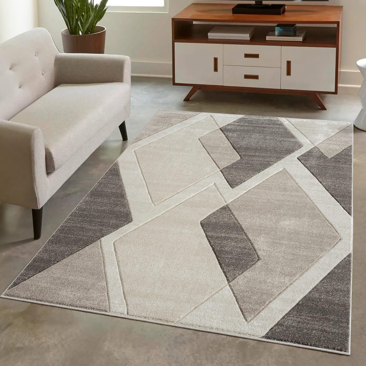 Carpet City Tapis à Poils Courts Gris, Crème - 120 X 170 Cm - Tapis De Salon - Motif