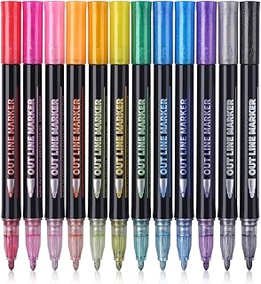 Double Line Outline Pens, 12 Glitte Color Self-Out Metallic Markers Gift Cards Drawing Writing Pens, Shimmer Paint Pen for Kids Journal, Drawing, Signature, Craft Poster