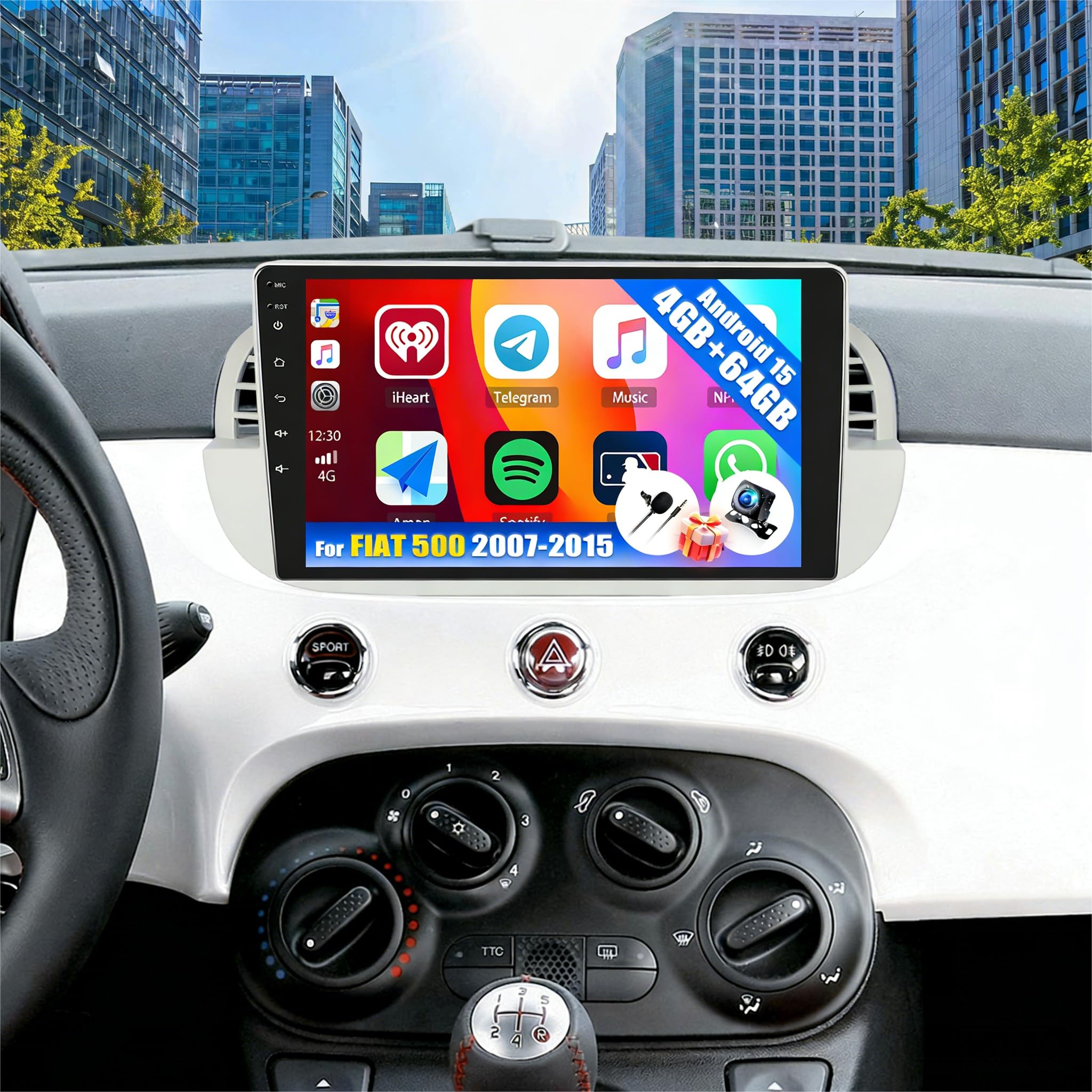 SIXWIN 4+64G Android 15 Autoradio per FIAT 500 2007-2015 con CarPlay/Android Auto/Mirror Link,9 Pollici HD TouchScreen Schermo con Navigatore WiFi Bluetooth 5.0 FM/RDS 32EQ+AHD Retrocamera