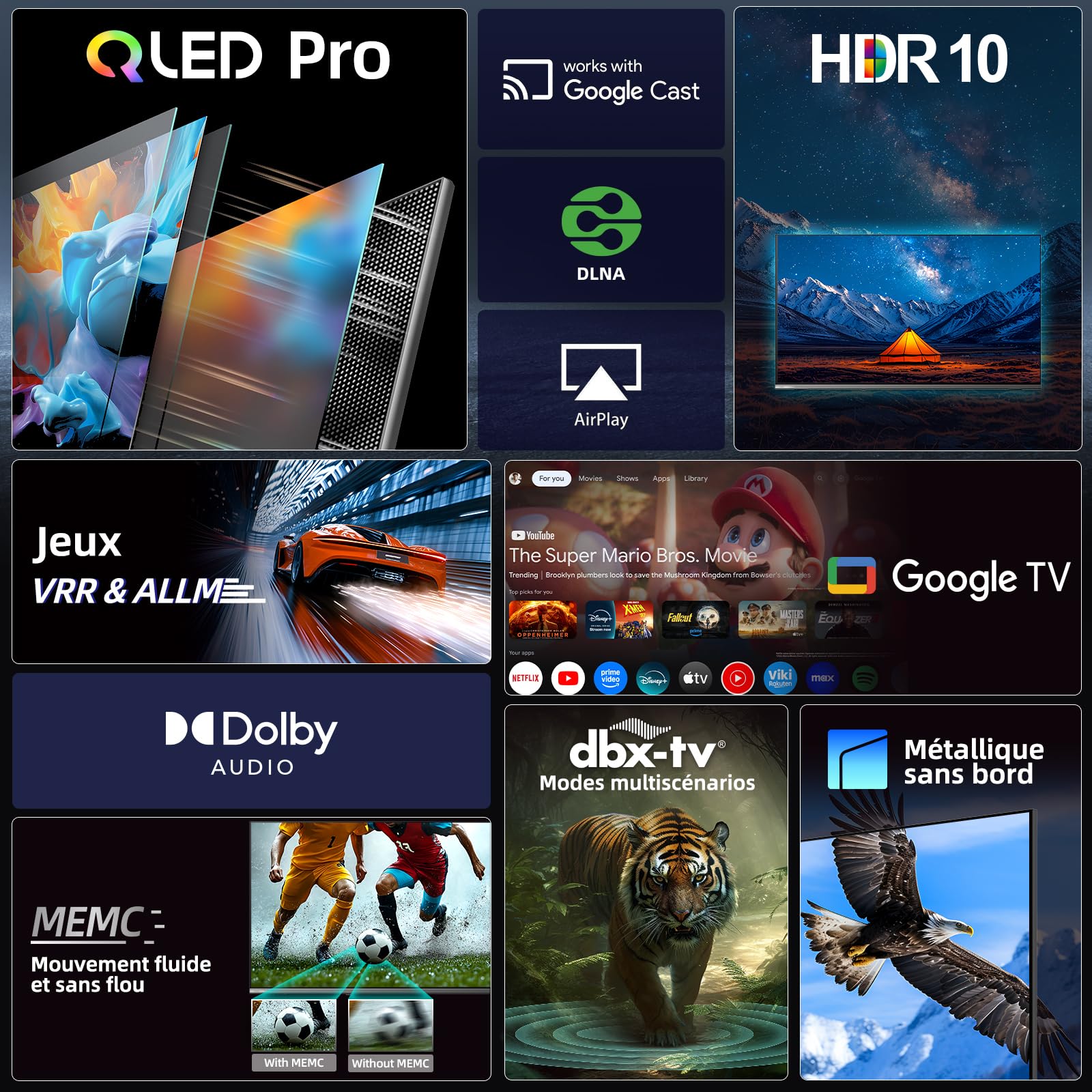 Telewizor Google QLED 4K UHD CHIQ 50QA10 50 cali HDR10, VRR i ALLM Ultracienki, bezramowe dwuzakresowe audio Dolby Wi-FI