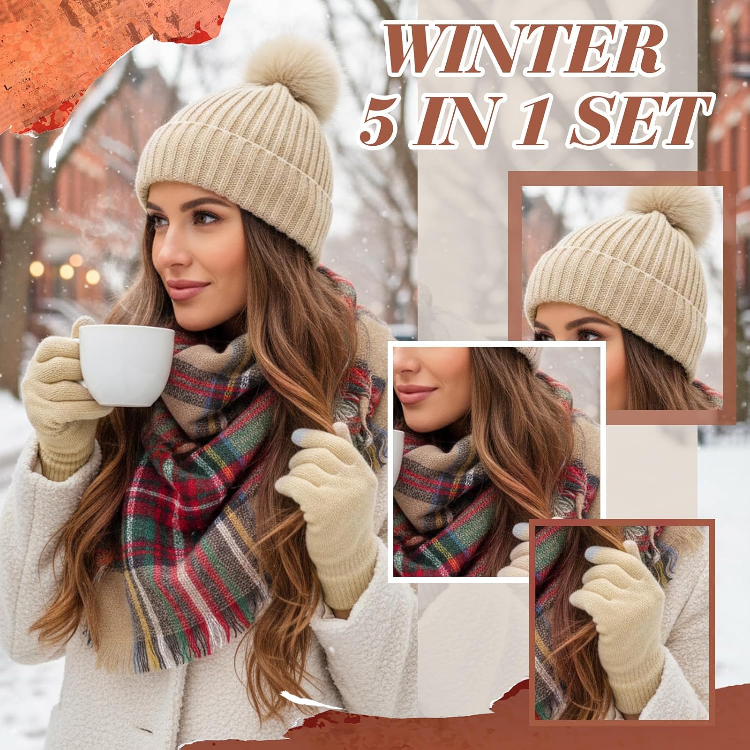 10 Pcs Winter Beanie Hat Scarf Gloves Ear Muffs Socks Set Knit Beanie Hat with Pompom Touch Screen Gloves for Women (Black, Beige) - Image 7