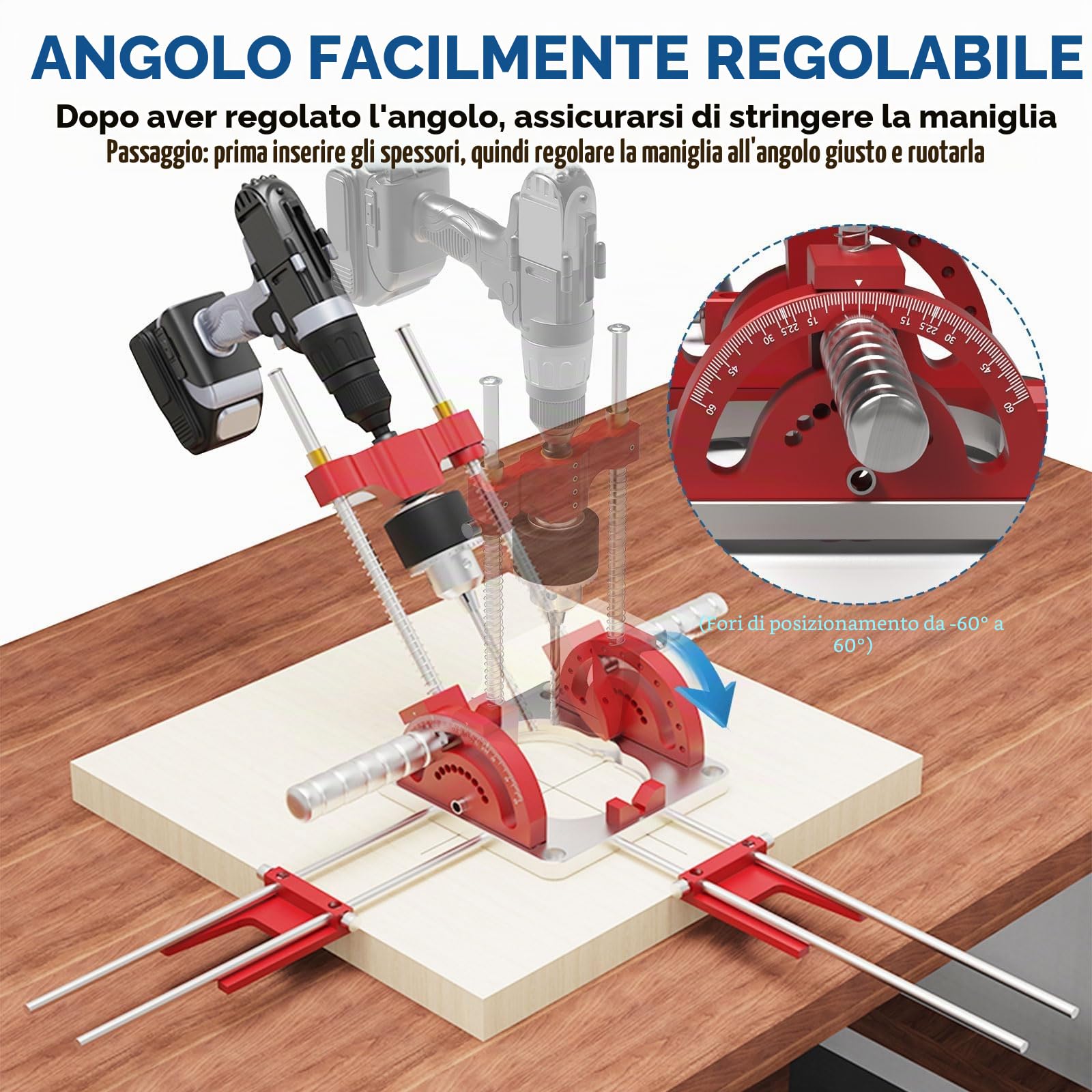 Guida per trapano multi angolo, supporto portatile di precisione con mandrino di centraggio per trapano base guida per trapano elettrico da 1,5-13 mm, guida per trapano angolare da 0° a 60°, maschera