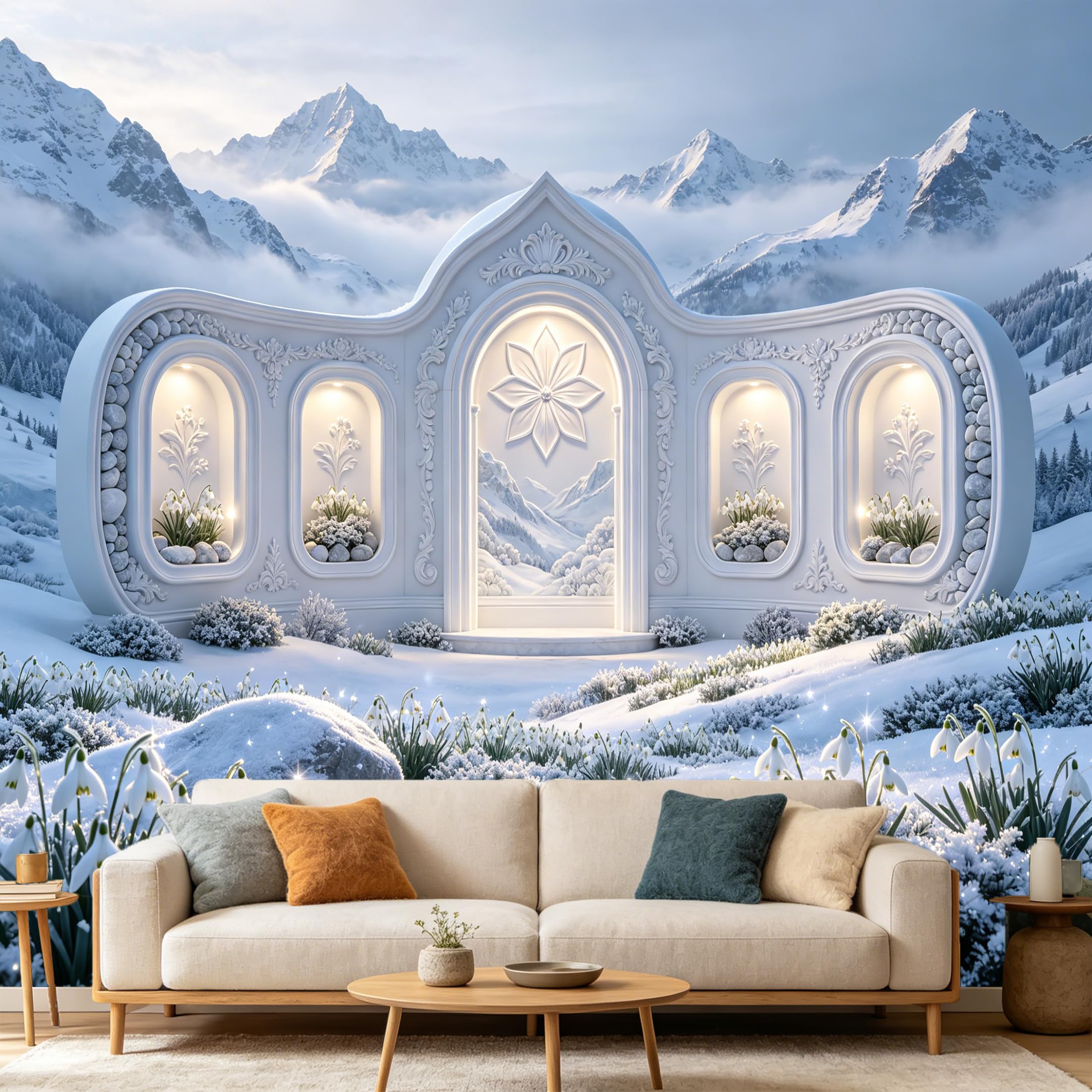 Custom Size Wall Mural， 3D Snowy Mountain Archway Snow Flowers Winter Landscape， SelfAdhesive Art Prints wall Fabric Removable Large Wallpaper Home Living Room Decor