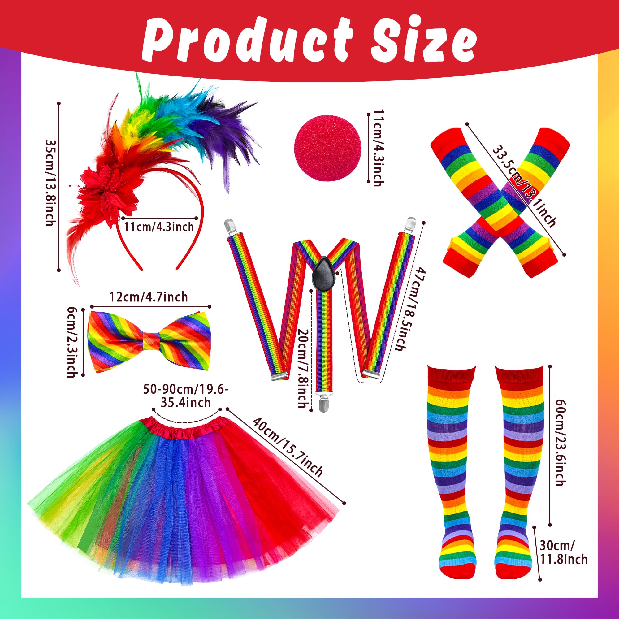 Yezmo 7 PCS Clown Costume Set for Women Feathers Headband Gloves Socks Rainbow Tutu Skirt Y Back Adjustable Suspender Bowtie Nose - Image 2
