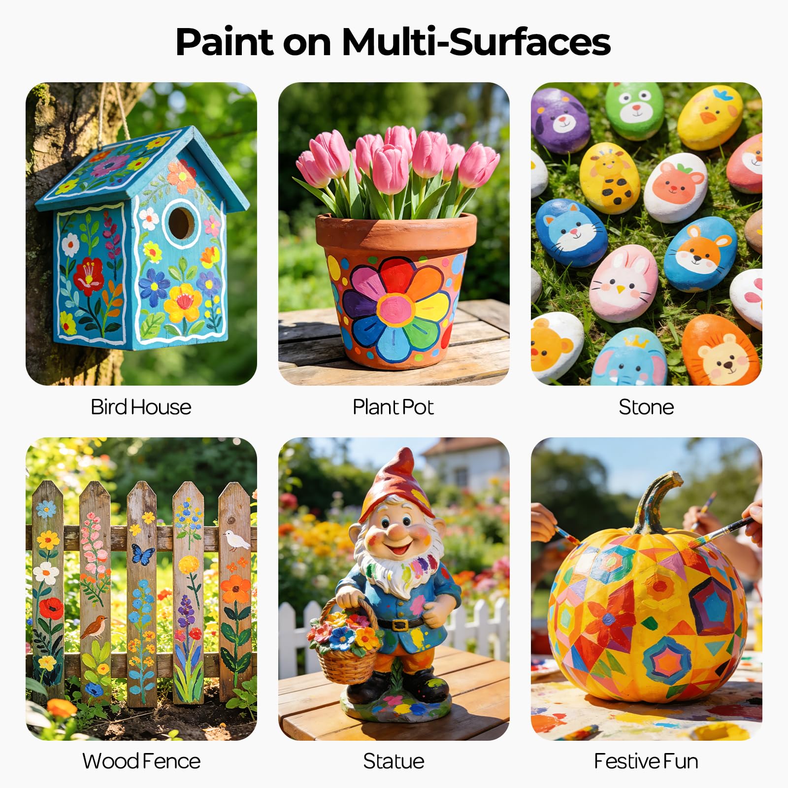 Nicpro Pintura acrílica, juego de 32 colores (2 onzas) Pintura artesanal con 3 pinceles, esponja y cuchillo de paleta, pigmentos ricos pintura de patio para rocas multisuperficie, madera, tela, cuero,