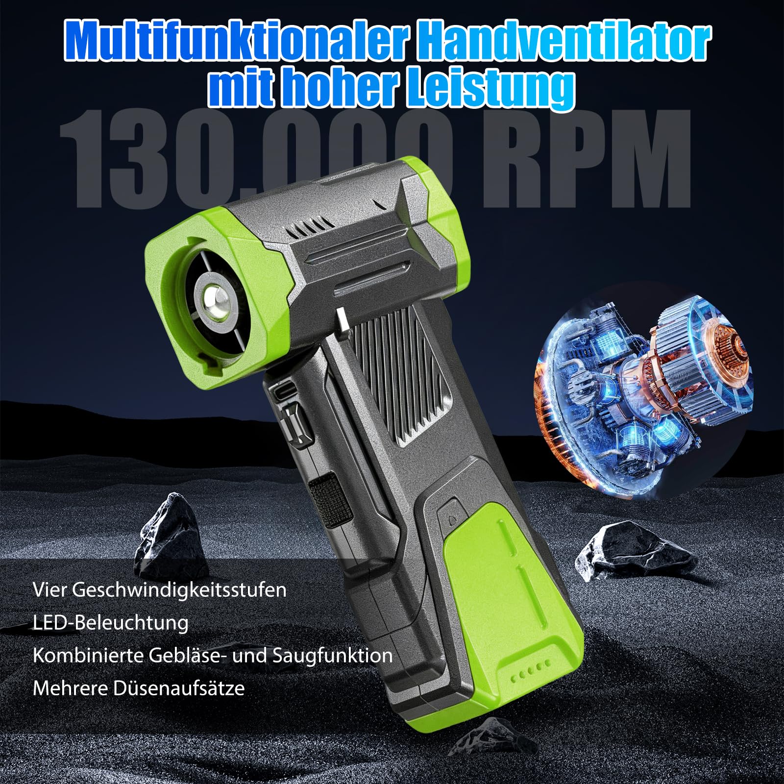 Elektrische Air Duster, Laubbläser Staubgebläse, 130000 U/min Autostaubsauger Kabellos 4-Gang Einstellbare Gebläse mit Akku, LED-Beleuchtung, Staubsauger für PC, Elektronik, Auto (Grün)