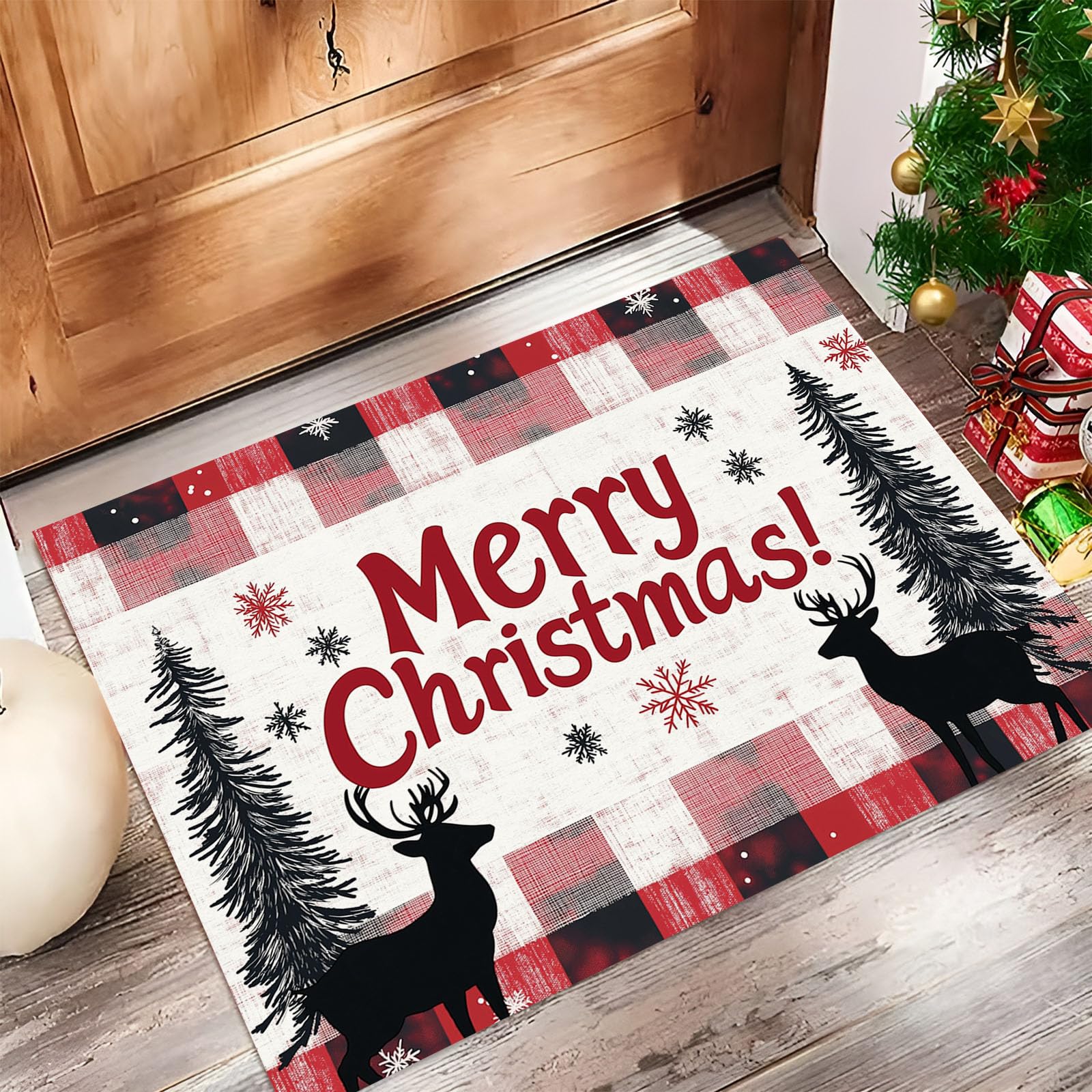 Felpudos De Navideño, 90X150Cm Antideslizante Alfombra De Cuadros Navideños De Búfalo, Alfombra De Puerta Entrada para Bosque De Renos, Felpudos De Bienvenida De Rojo Y Negro para Interiores