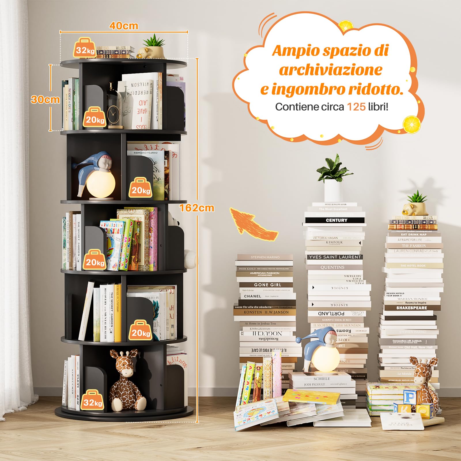 iSunirm Libreria Girevole,Scaffale Per Libreria Da Terra A 5 Livelli,Scaffale Portaoggetti per Bambini e Adulti,Stretto In Legno Per Camera Da Letto, Soggiorno,Nero