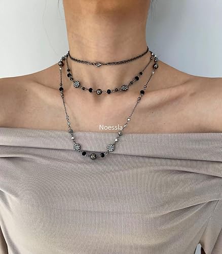 Miniatura 4 de Noessla Collares largos en capas para mujer, collar de cuentas negras y plateadas, vintage, joyería de disfraz de flores, regalos de cumpleaños para
