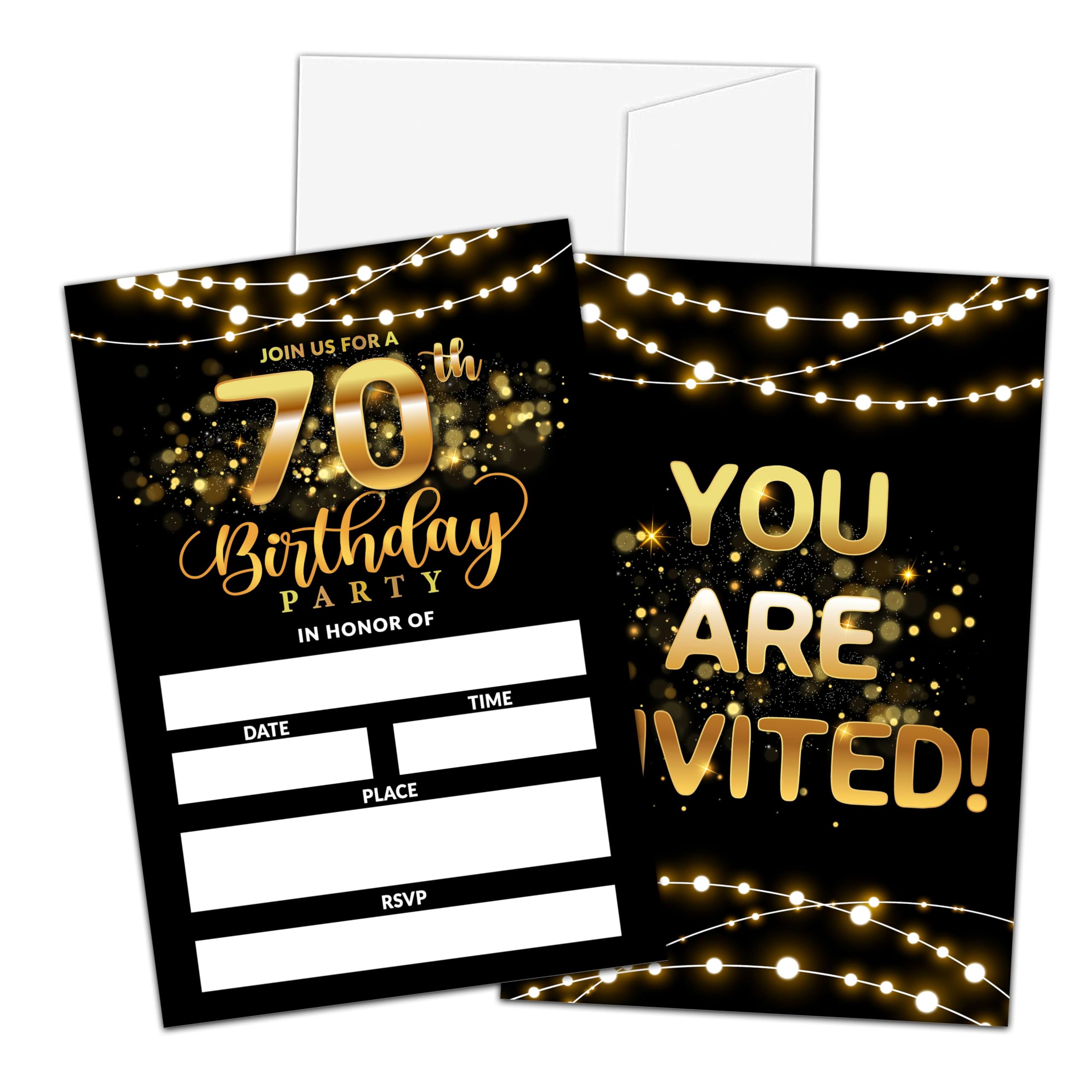 Qinkel 70th Birthday Invitations, Birthday Party Invitations For Women Men, 70 Year Old Birthday Invites, Black Gold Birthday Party Decorations Favors