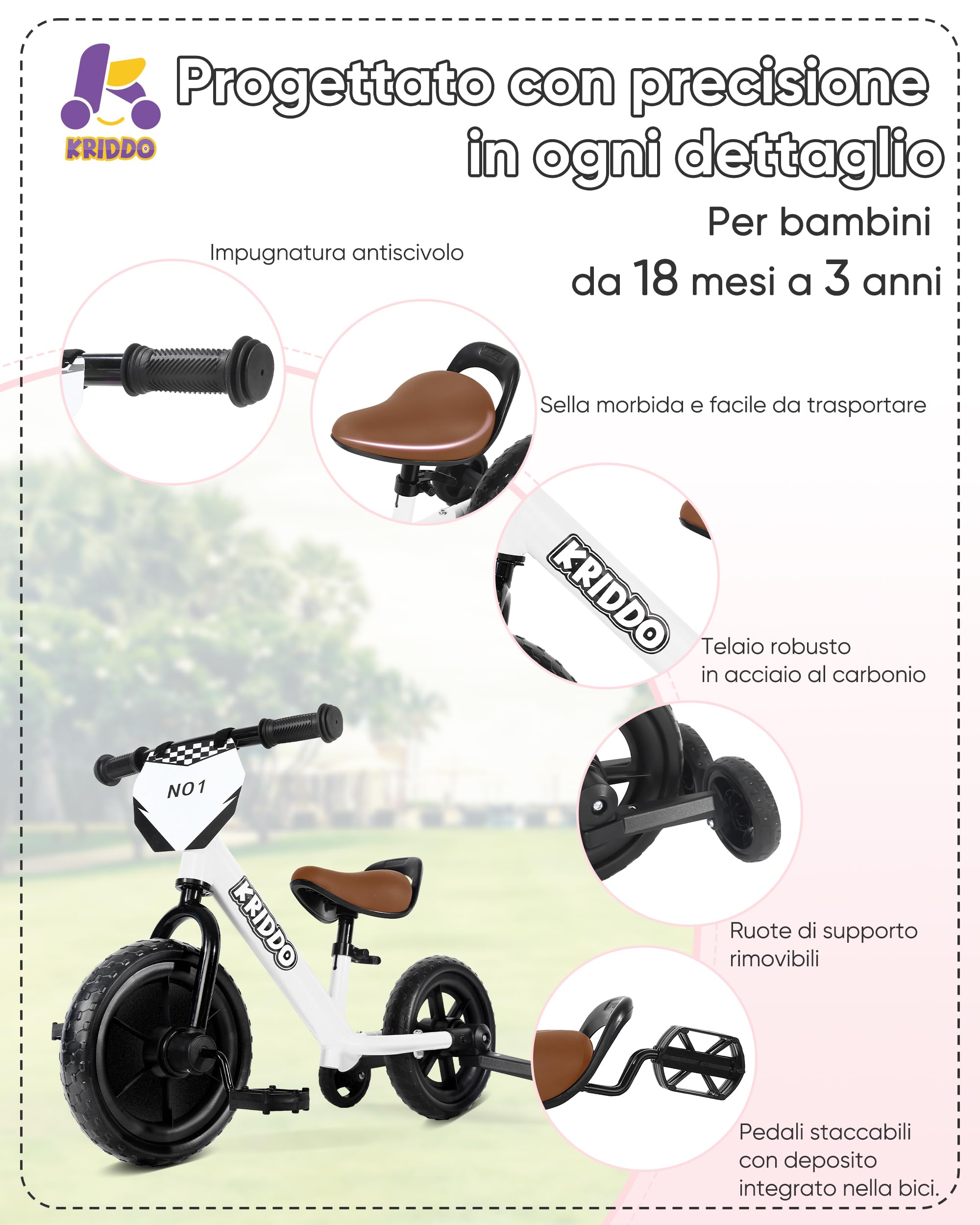 KRIDDO Triciclo per bambini 2 in 1 e bici senza pedali per bambini di 2 anni, pedali staccabili e rotelle ripiegabili, piastra fai da te, giocattolo da cavalcare dai 18 mesi ai 3 anni