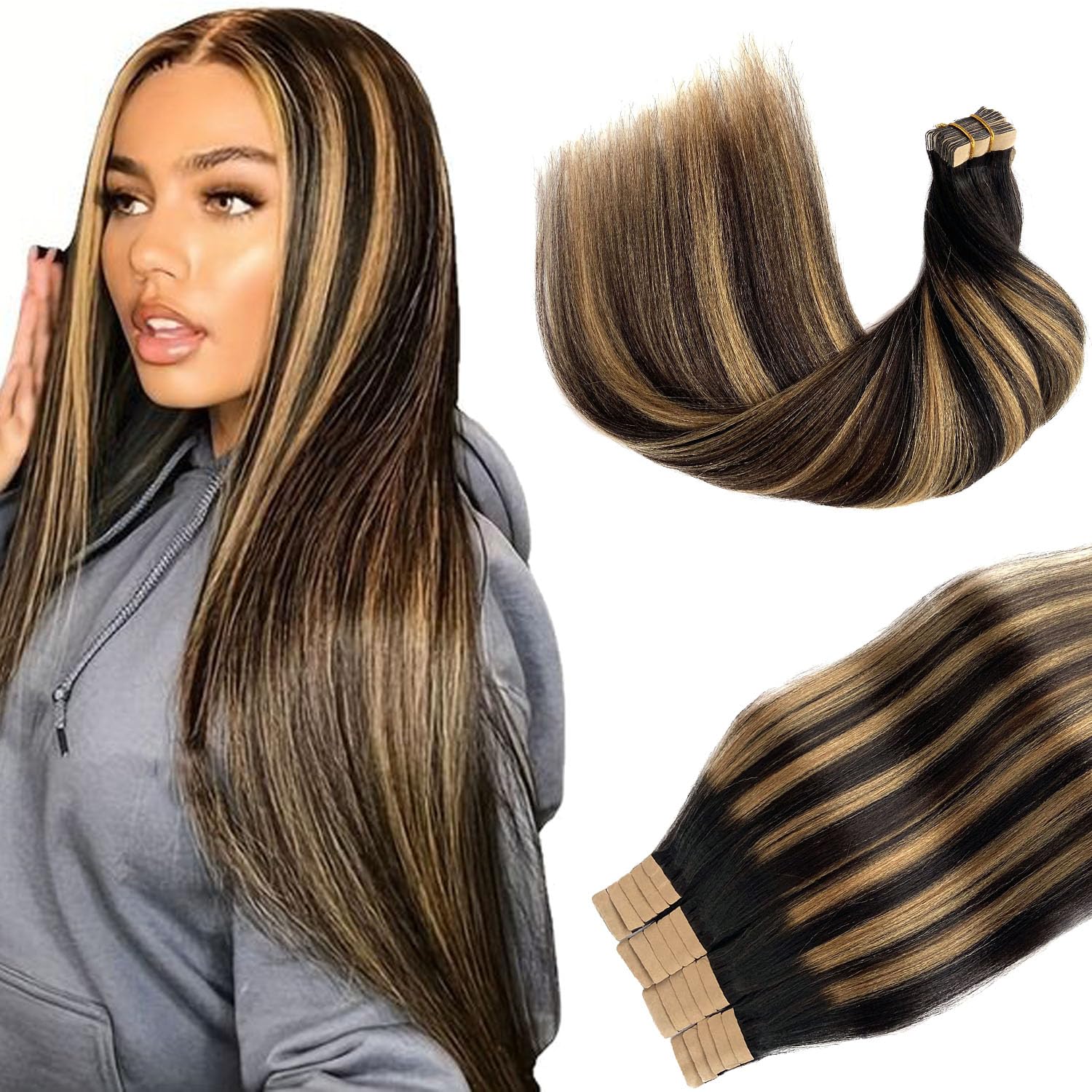 Tape in Hair Extensions Human Hair Natural Black Hair Extensions Balayage Caramel Blonde Highlights Real Remy Human Hair 18 Inch 50g/pack Yaki Straight 20pcs Tape Hair Extensions for Black Women