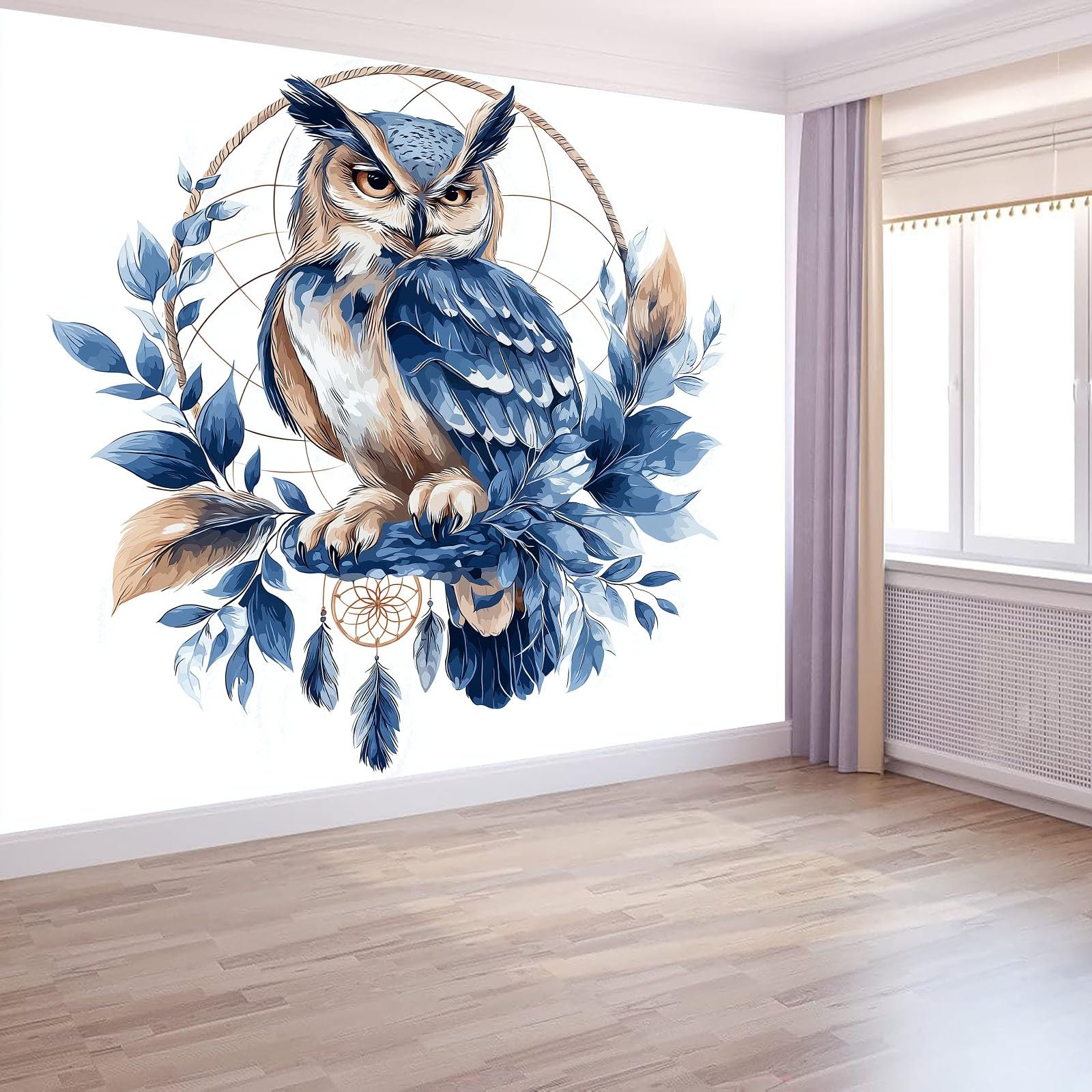 Tapeta z włókniny akwarela bohemy sowa łapacz snów 3D drukowana dekoracja ścienna 400 x 280 cm plakat plakat zdjęcia dekoracyjne gobelin salon łazienka niebieski brązowy
