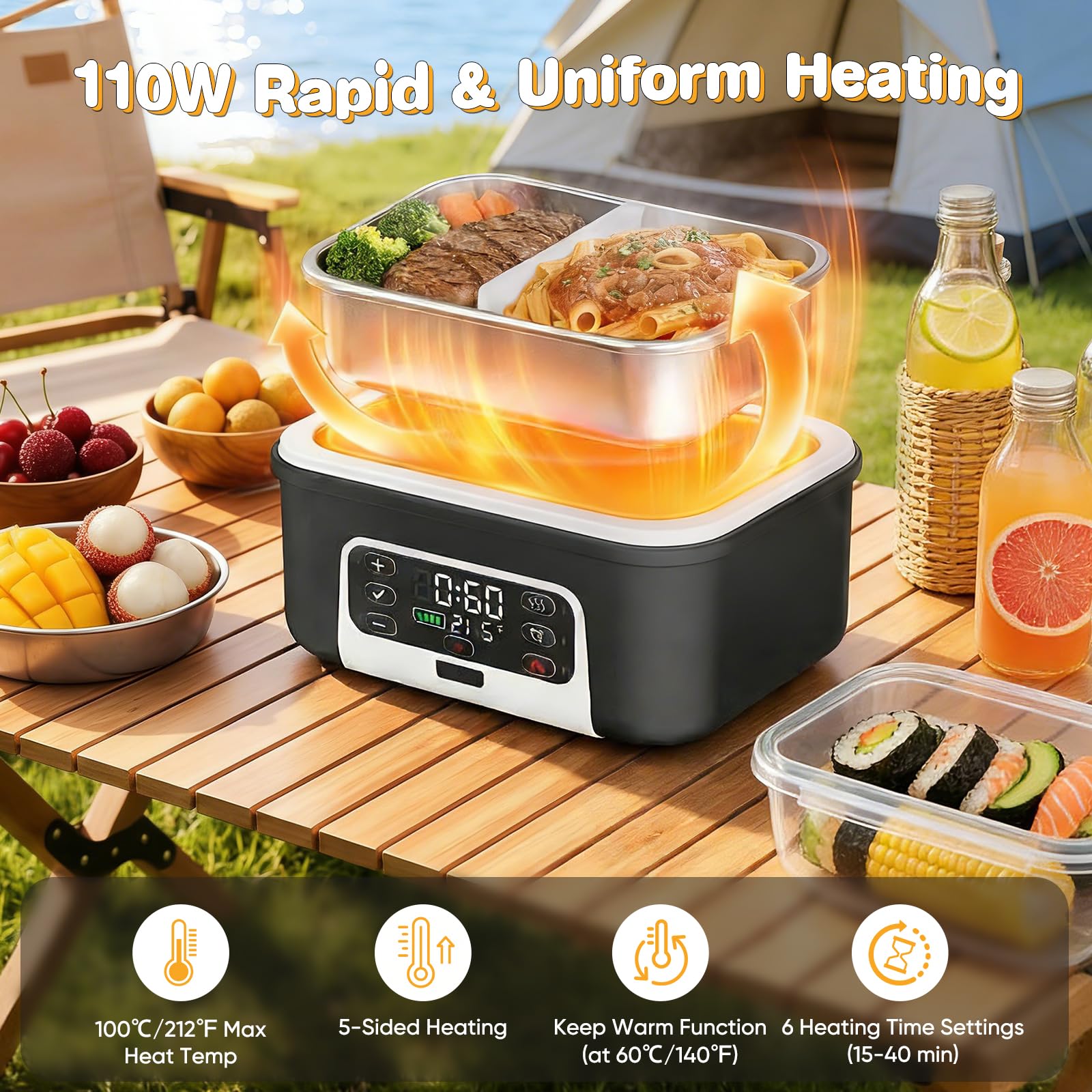 Lunch Box Riscaldato, Lunch Box Riscaldato Intelligente da 1.5L con Touchscreen, Lunch Box Riscaldato Wireless con Piatti in Acciaio Inox e Borsa Termica, Ideale per l'Ufficio/Viaggi/Campeggio