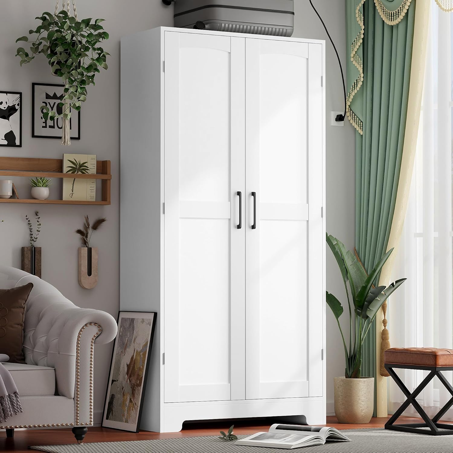 Honsiva White Wooden Armoire Wardrobe Closet with Hanging Rod, Adjustable Shelves & 180° Doors - Freestanding Bedroom Storage Cabinet, 70.87"H