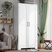 Honsiva White Wooden Armoire Wardrobe Closet with Hanging Rod, Adjustable Shelves & 180° Doors - Freestanding Bedroom Storage Cabinet, 70.87"H