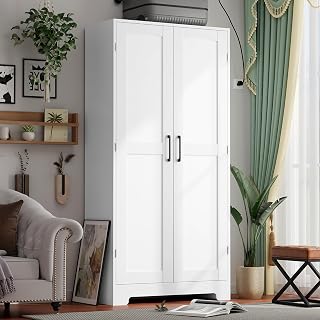 Honsiva White Wooden Armoire Wardrobe Closet with Hanging Rod, Adjustable Shelves & 180° Doors - Freestanding Bedroom Storage Cabinet, 70.87"H