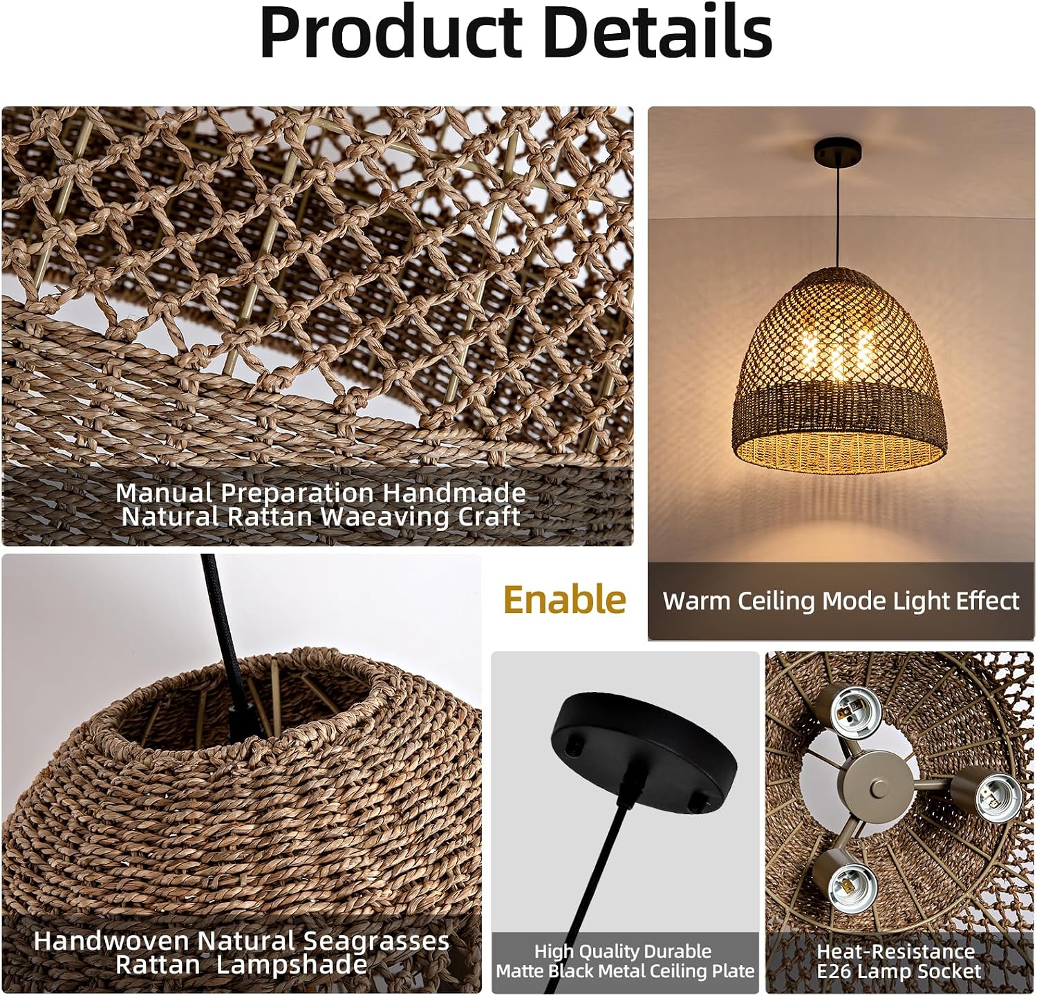 19" Rattan Pendant Light,Hand-Woven Rustic Wicker Hanging Light 3-Light Seagrass Ceiling Chandelier Oval Water Plants Rattan Chandelier for Dining Living Bedroom Kitchen Farmhouse