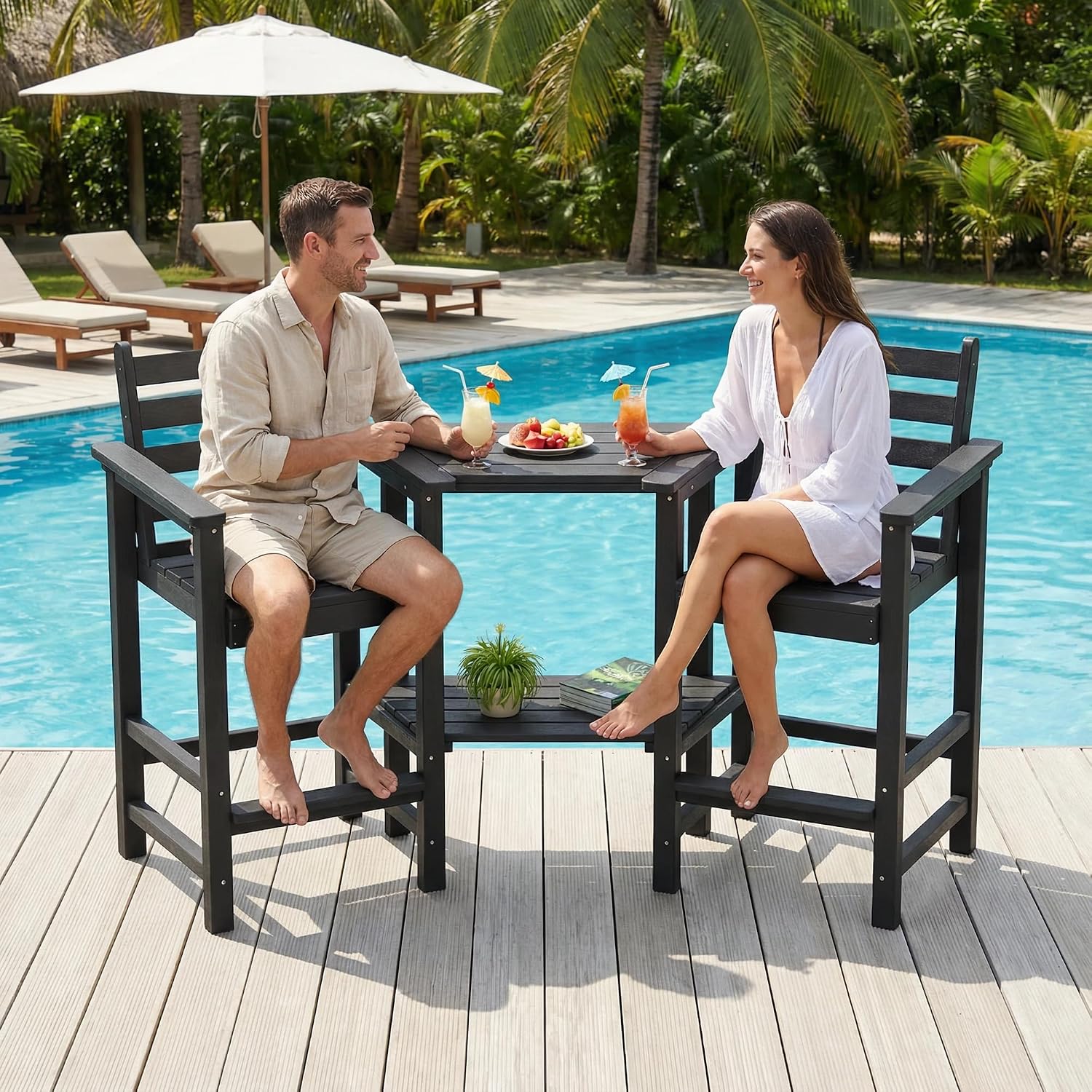GLANC Tall Adirondack Chairs Set of 2, All Weather Resistant HDPE Bar Height Balcony Adirondack Chair with Removable Connecting Trays, Outdoor Adirondack Barstools for Deck Patio Pool Lawn (Black)
