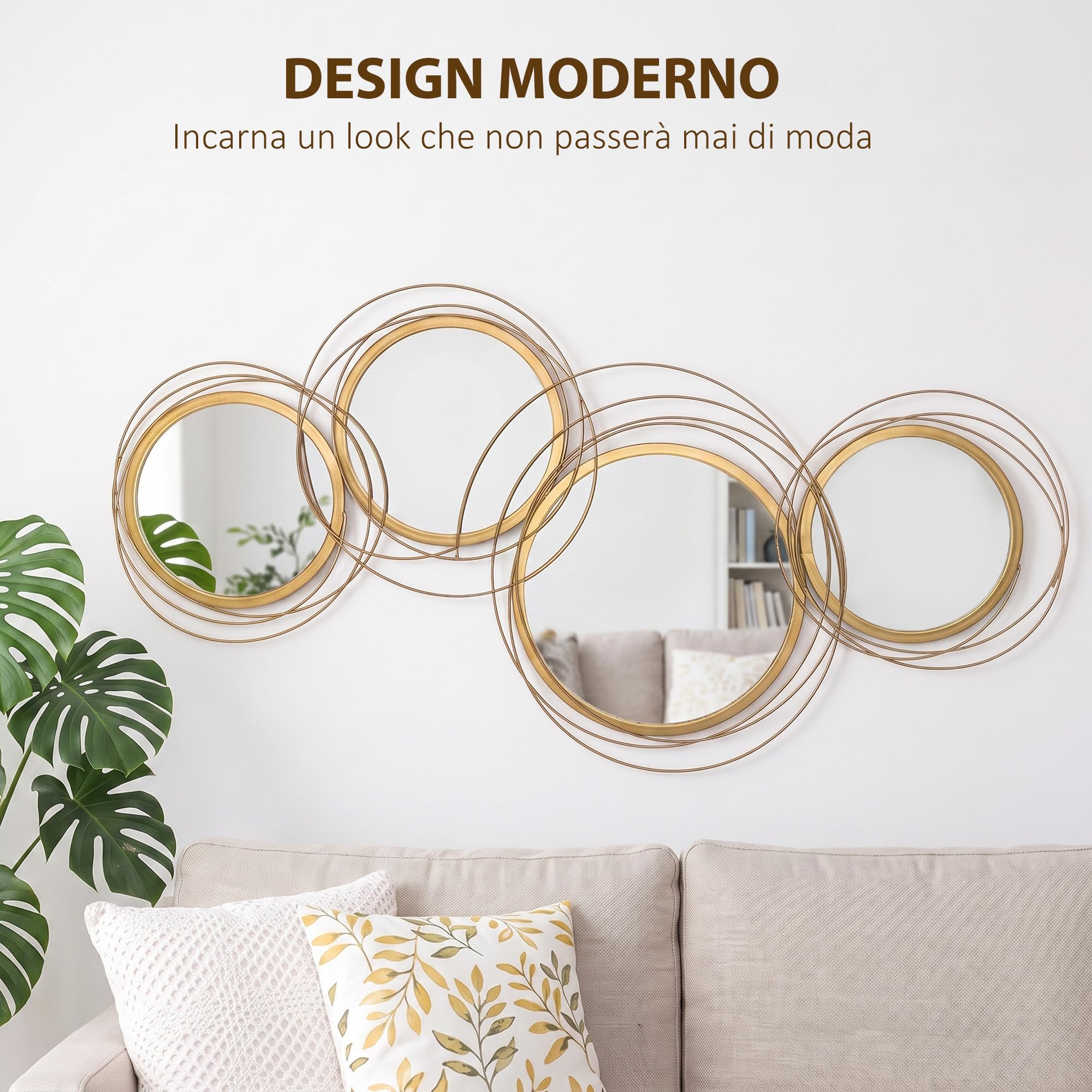 HOMCOM Decorazione Murale 3D in Metallo Wall Art a Cerchi 107x56cm Oro | Con Specchi