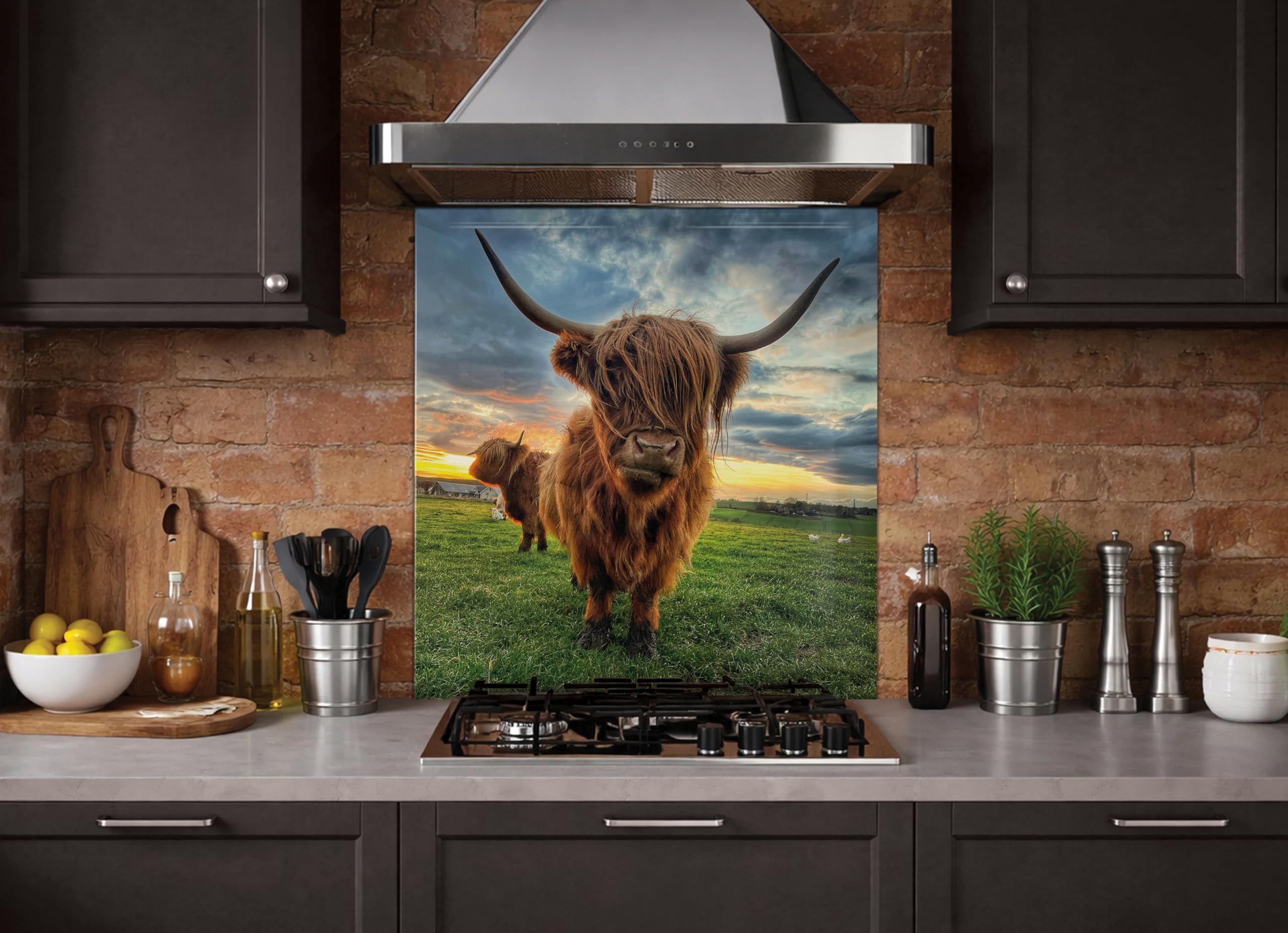 Highland Cow Toughened Glass Kitchen Hob Splashback Easy Clean with Free Tube of Adhesive (60cm Wide x 60cm high)
