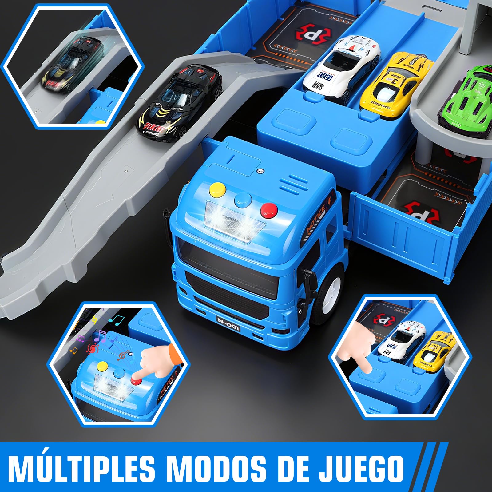 Charmofun Camión de Construcción Vehículos de Juguete, Camión de Juguete con Luces, Sonidos, Eyección Pista, Camiones Juguetes con Grúa de Juguete y 6 Mini Vehículos de Obra, Regalo para 3 4 5+ Años
