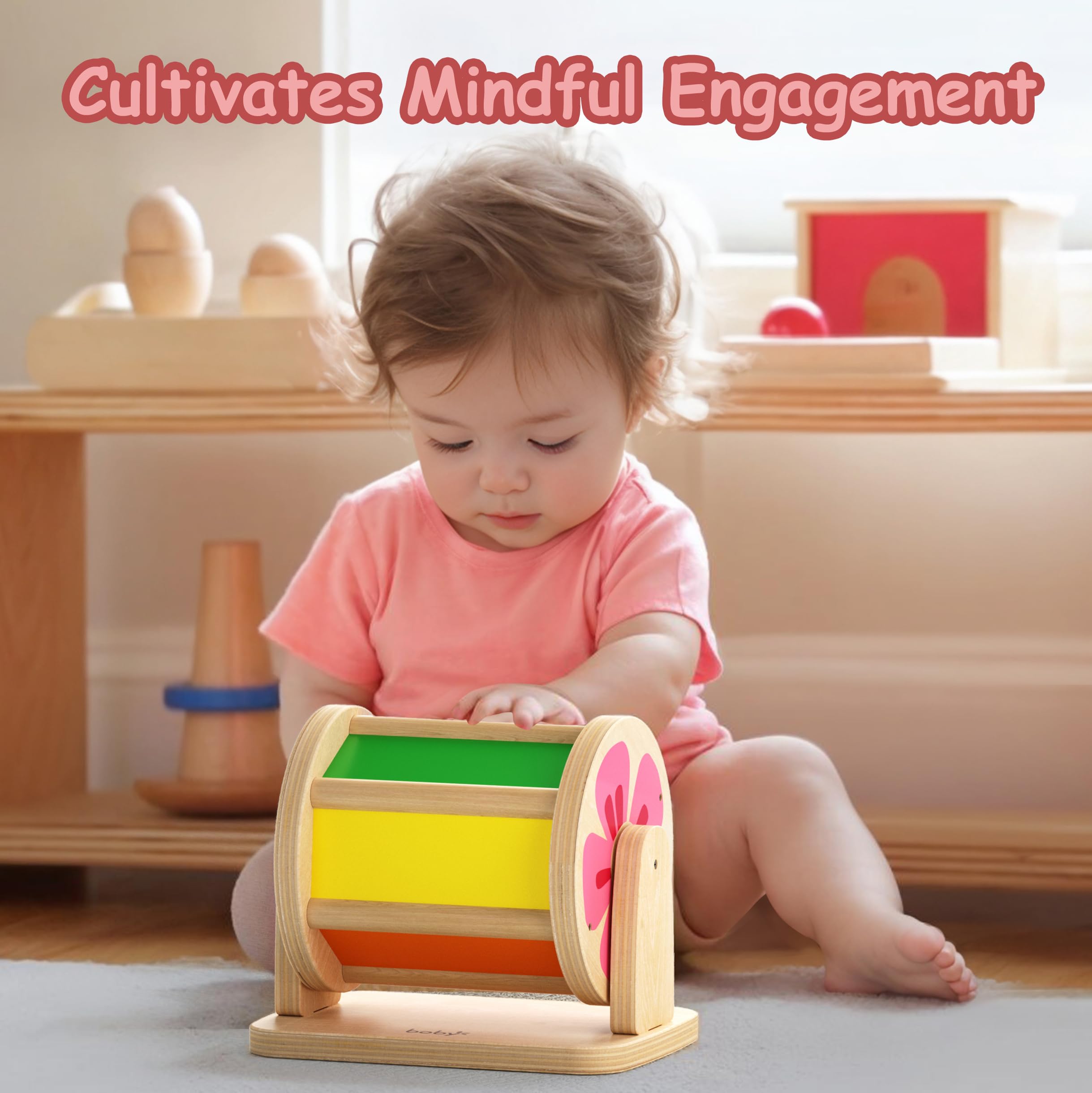 Dailyfunn Montessori Toys Wooden Spinning Drum Tummy Time Floor Mirror Toy for Babies 6-12 MonthsToddlers 1-3 Years Old