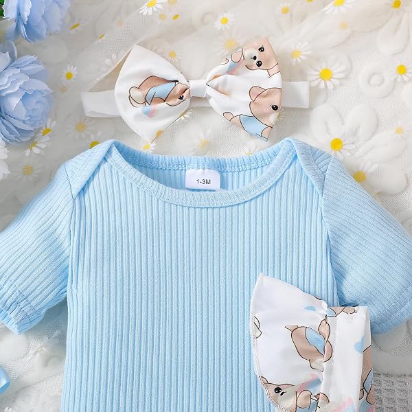 Ensemble barboteuse côtelée à manches courtes pour bébé fille avec bretelles et bavoir appliqué et bandeau 3 pièces - 3
