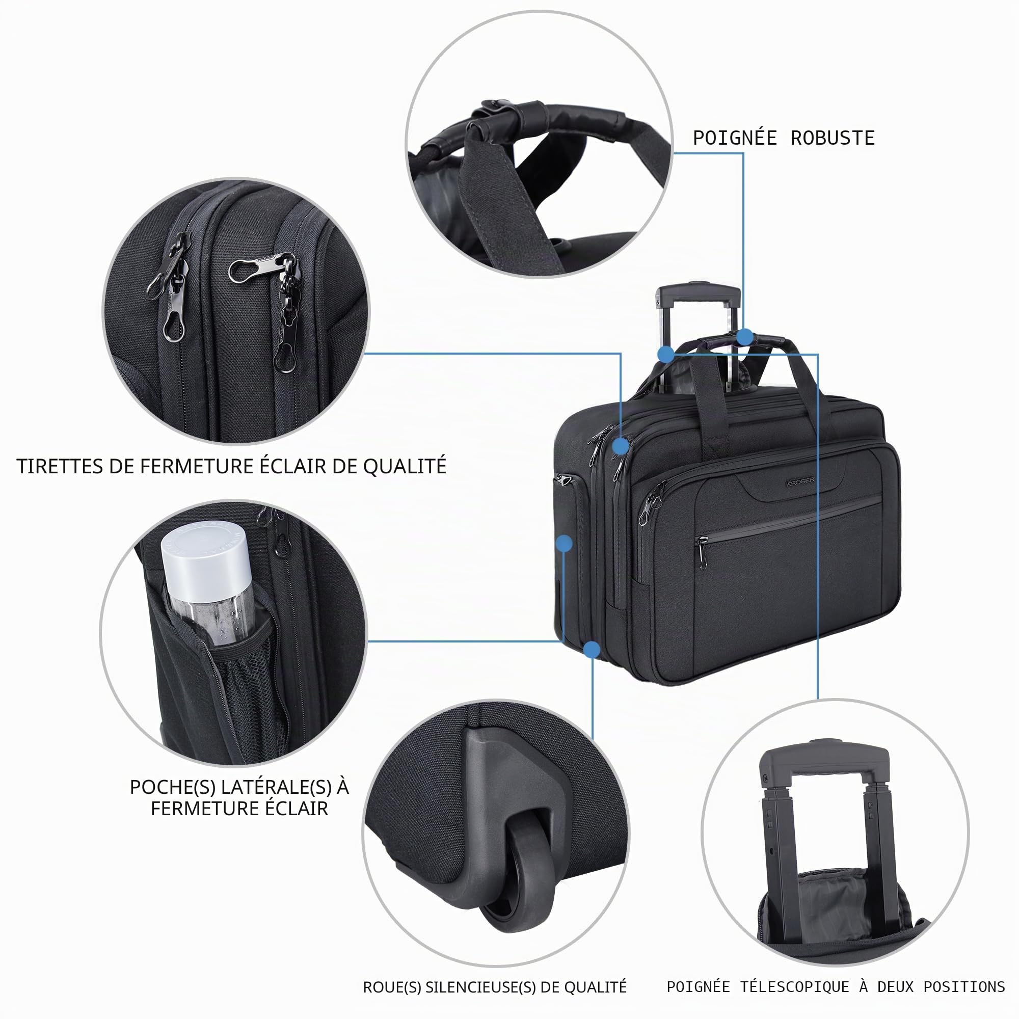 KROSER Sacoche à roulettes pour Ordinateur Portable Mallettes pour Ordinateur Jusqu'à 17,3" Imperméable Porte-Documents avec Poches RFID pour Hommes/Femmes Rolling Laptop Bag