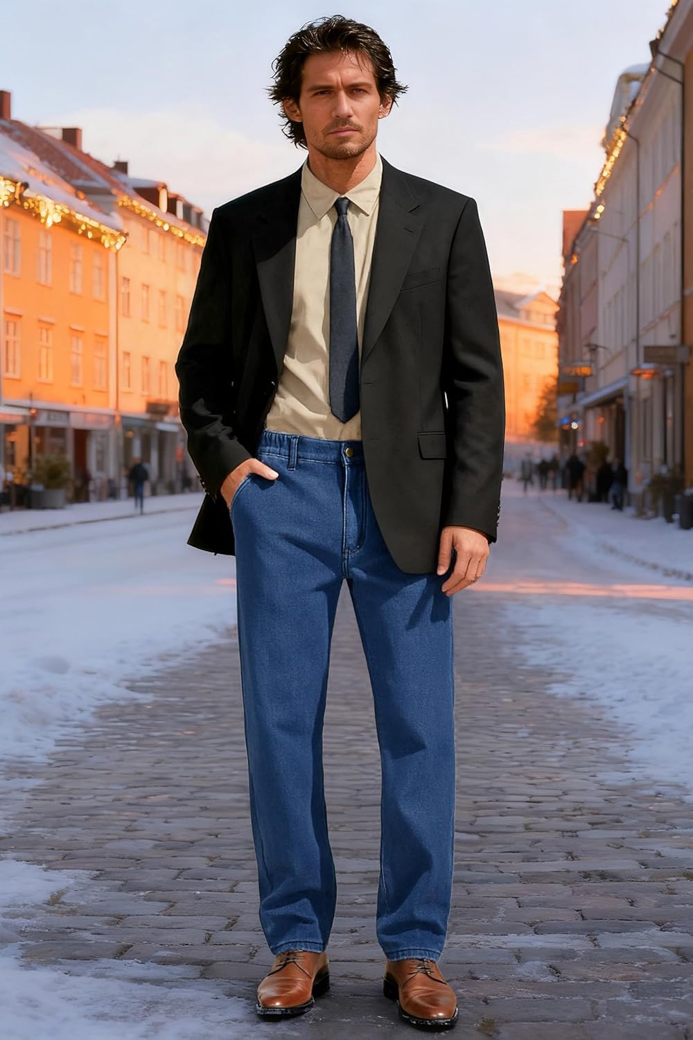 Soojun Mens Elastic Waist Fleece Lined Jeans Relaxed Fit with Zipper and Button - Image 9