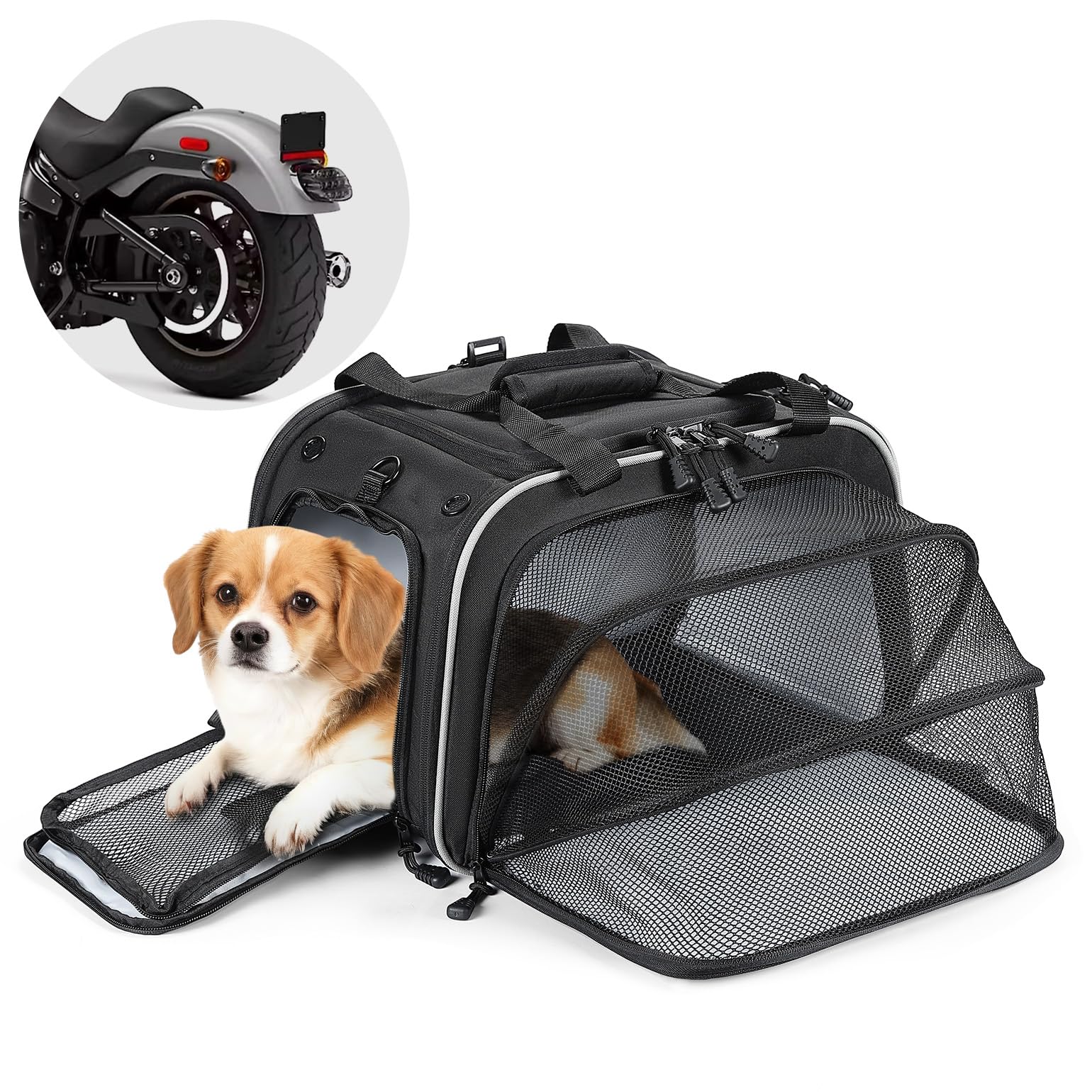 KEMIMOTO Sac de Transport pour Moto, Sacoche Moto pour Chien Extensible pour Petits Chiens et Chats Max 7,5 kg, Sac Motos pour Animaux Pliable 46 x 28 x 28 cm pour Motos Cruiser et Touring