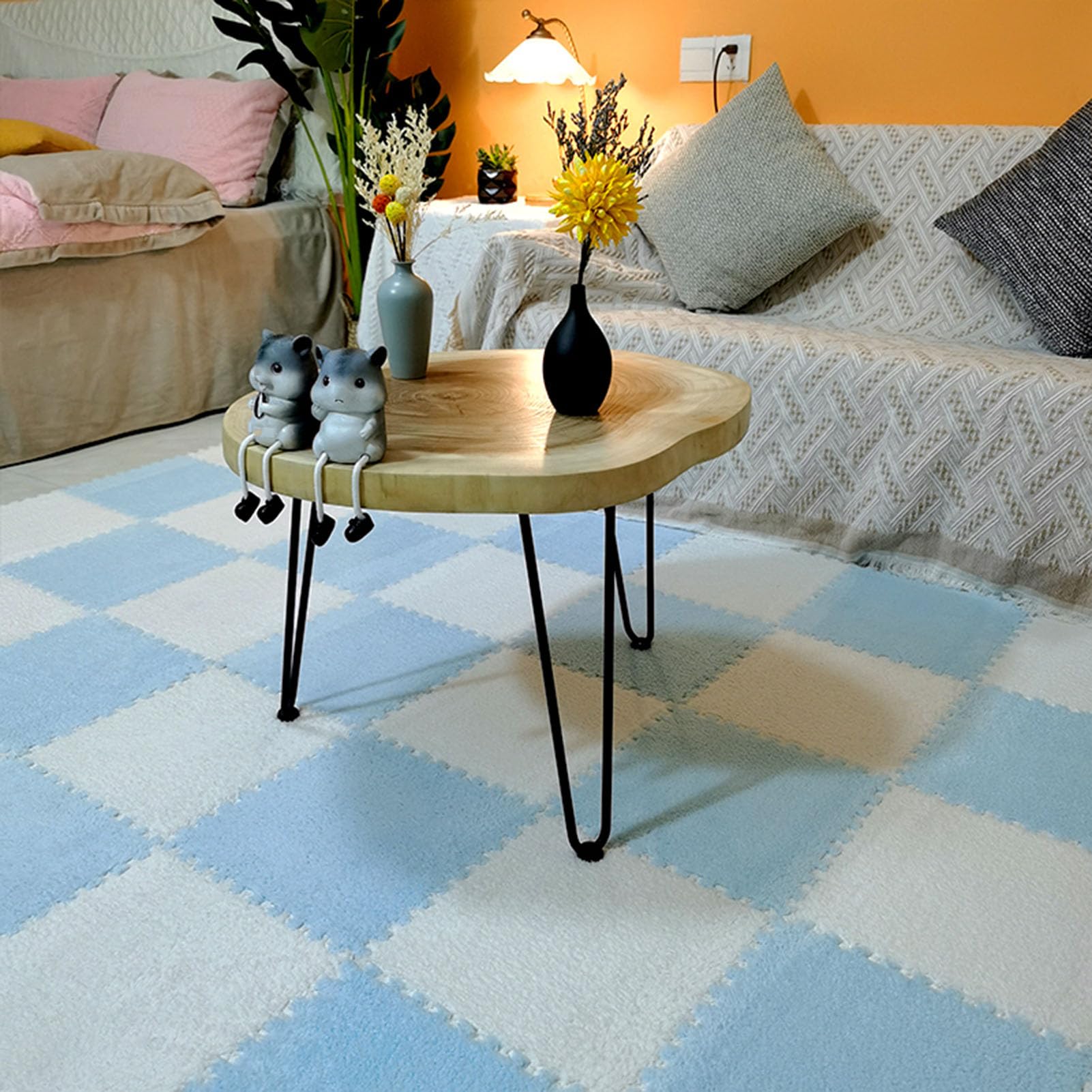 Tapis de sol en mousse souple en peluche, 150 pièces, 144 pieds carrés, tapis de jeu carré, salle de jeux, dalles de moquette emboîtables, chambre à coucher, 12x12 pouces (rose + violet 0,23 pouces)