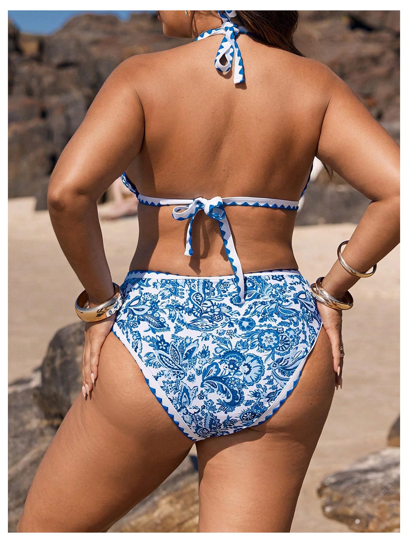Damskie Bikini Plus Size Z Kwiatowym Nadrukiem 2-częściowy Strój Kąpielowy Trójkątny Wiązany Na Szyi Wysokim Stanem Niebiesko-biały 4XL(Blue and White,X-Large Plus)