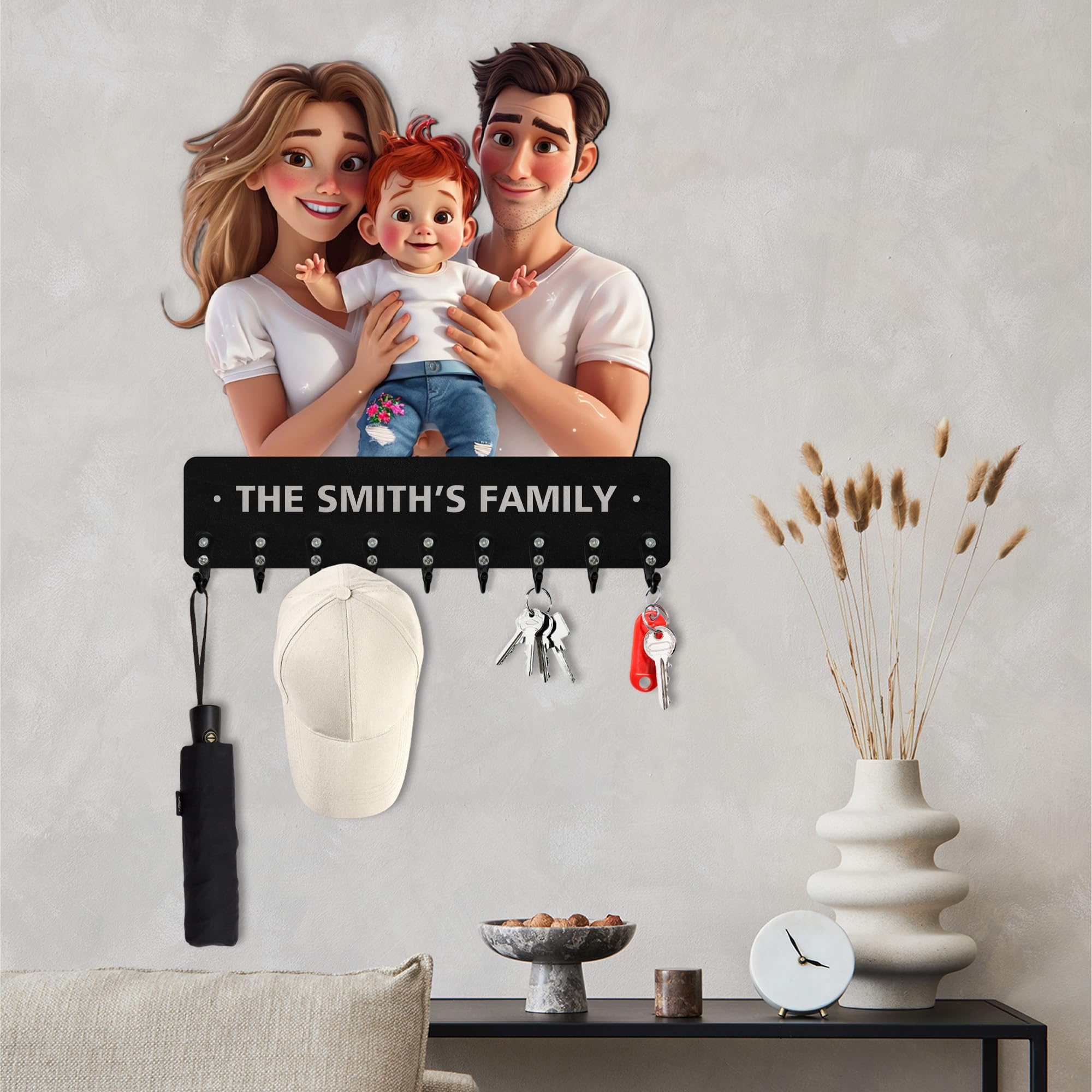 Colgador Llaves Pared, Llavero de madera Personalizado con Foto Estilo Dibujo, Cuelga Llaves Pared con Estante, Colgador Llaves para Guardar Objetos Pequeños Como Llaves en la Entrada