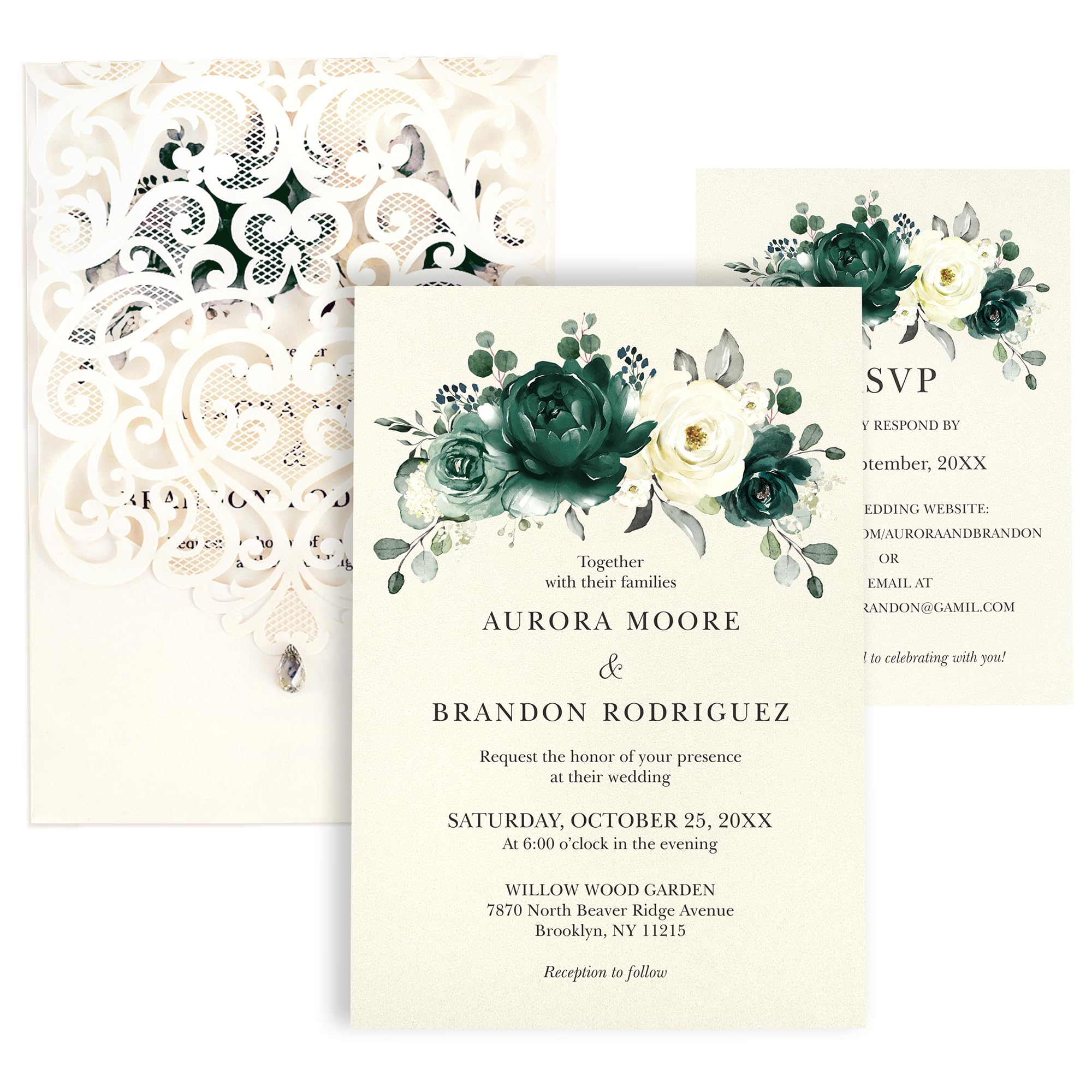 FANEYA 50pcs Laser Cut Wedding Invitations with Envelopes and RSVP Cards Green and Ivory White, 5x7.3 Personalized Invitation Cards for Wedding,